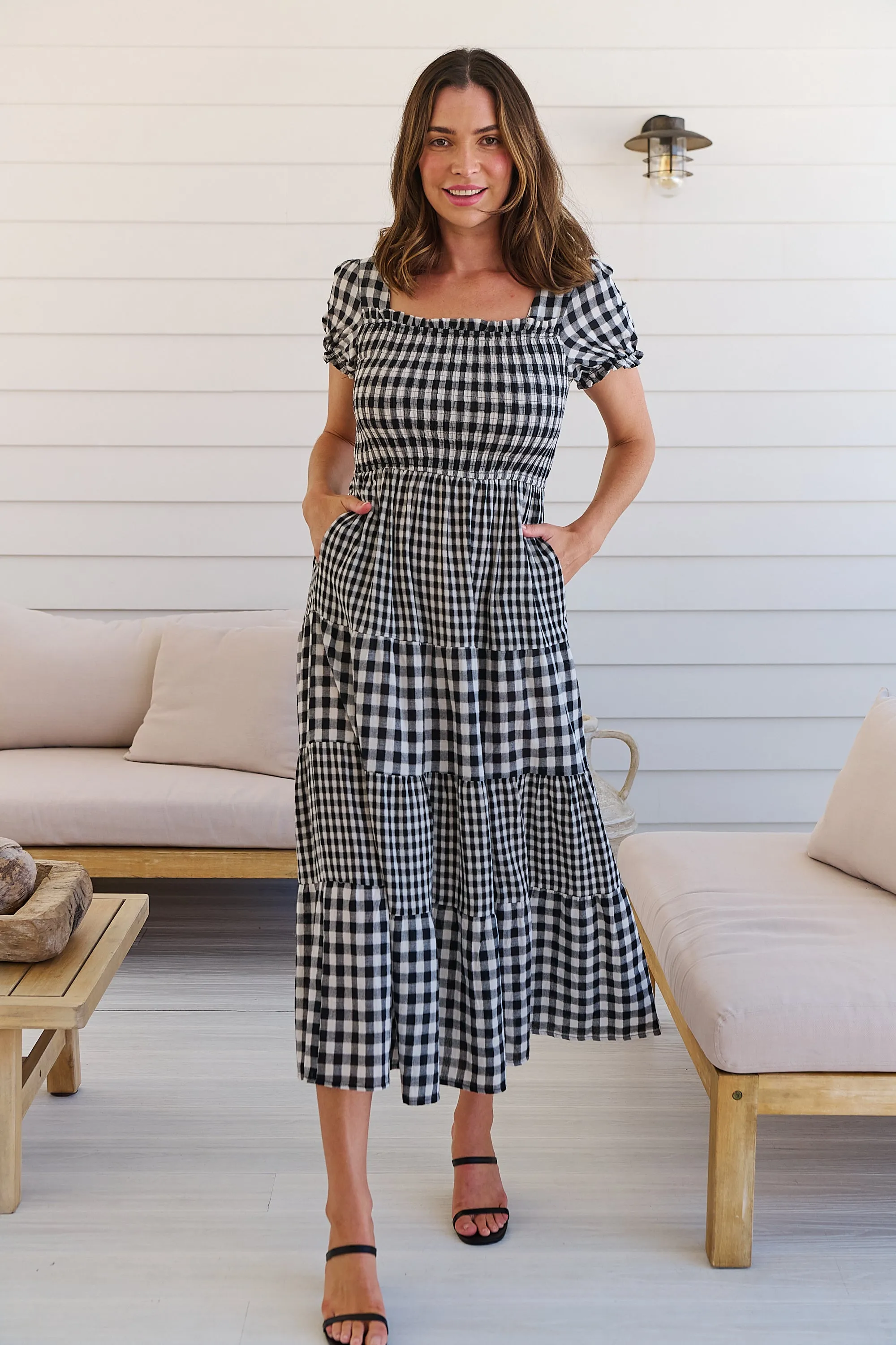 Quinn Black/White Gingham Shirred Bust Tiered Maxi Dress