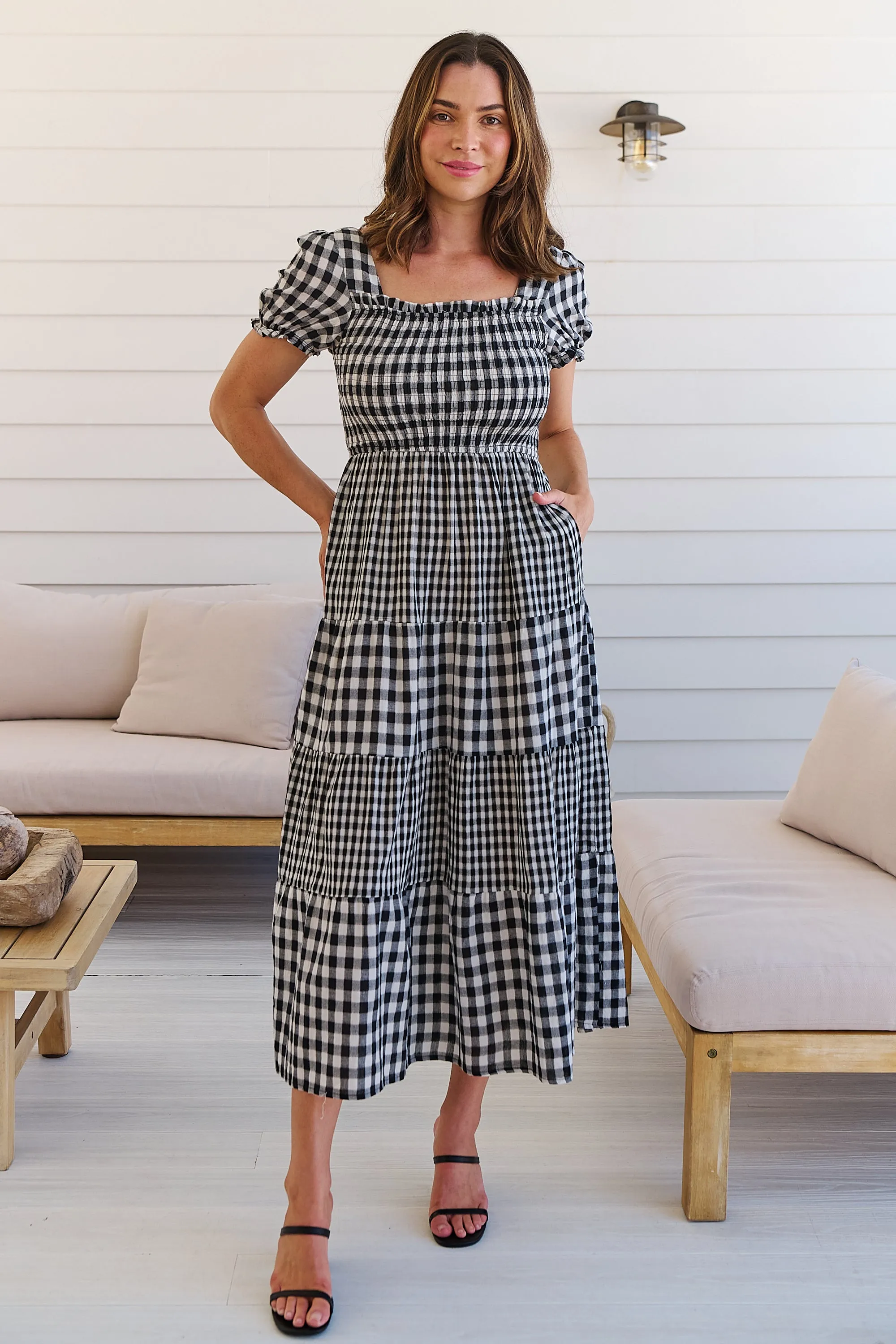 Quinn Black/White Gingham Shirred Bust Tiered Maxi Dress