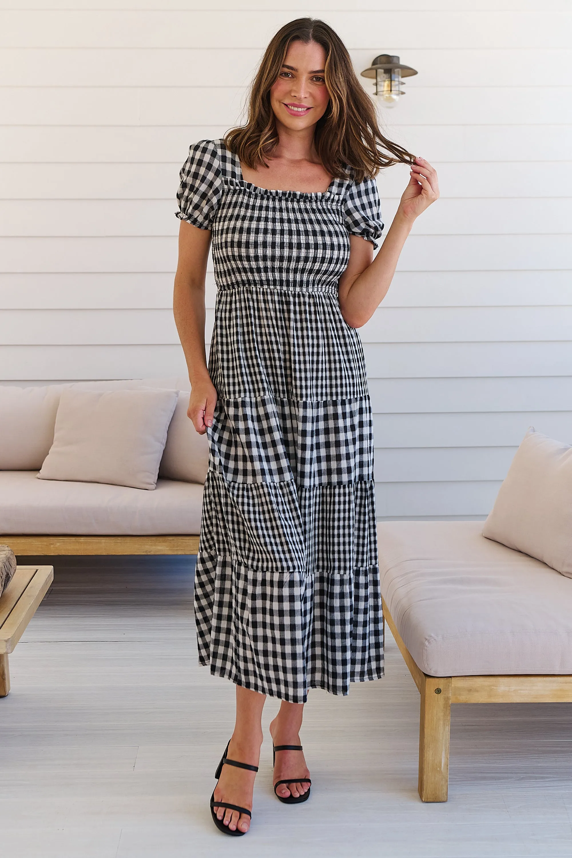 Quinn Black/White Gingham Shirred Bust Tiered Maxi Dress