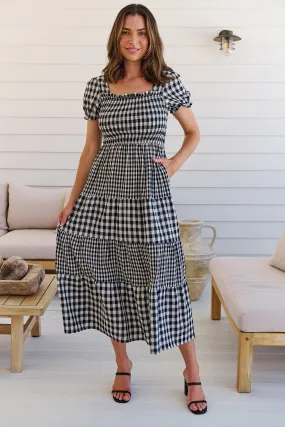 Quinn Black/White Gingham Shirred Bust Tiered Maxi Dress