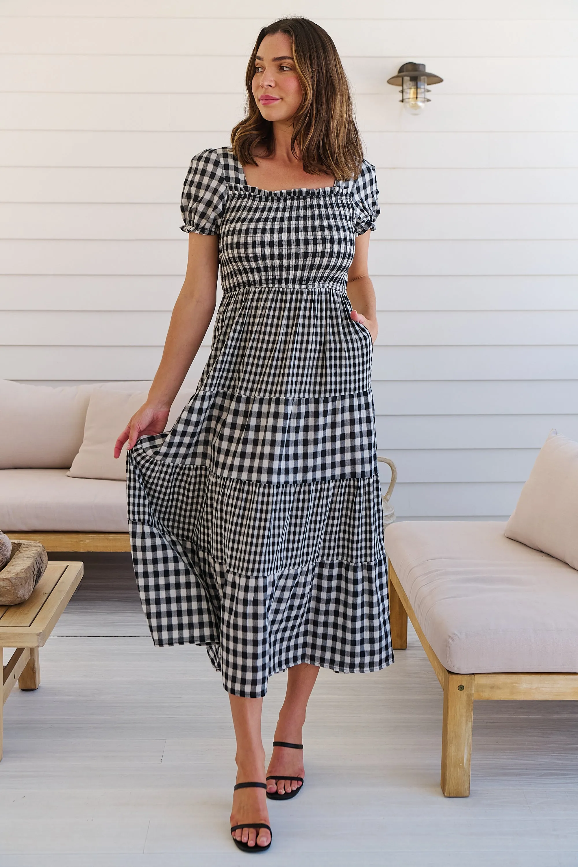 Quinn Black/White Gingham Shirred Bust Tiered Maxi Dress