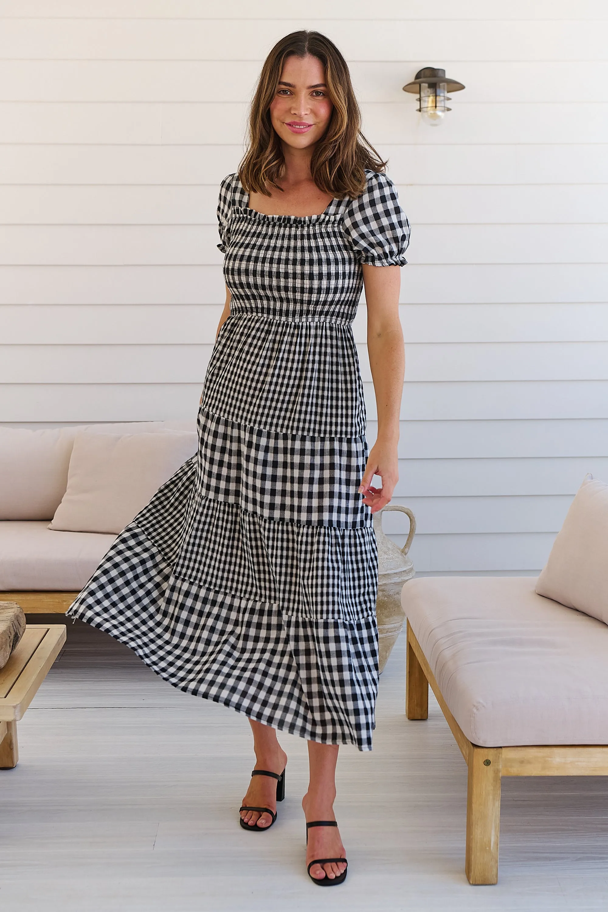 Quinn Black/White Gingham Shirred Bust Tiered Maxi Dress