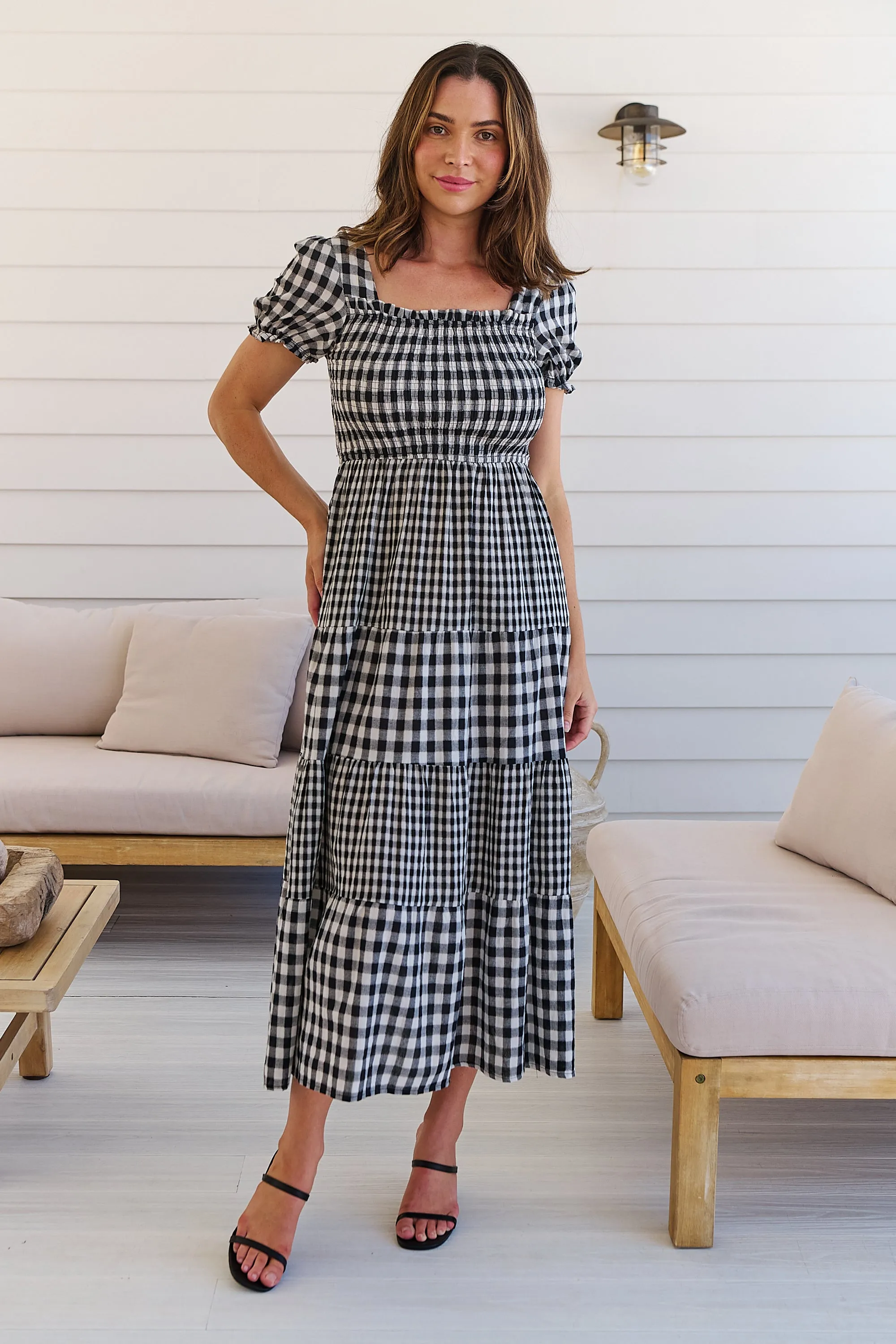 Quinn Black/White Gingham Shirred Bust Tiered Maxi Dress