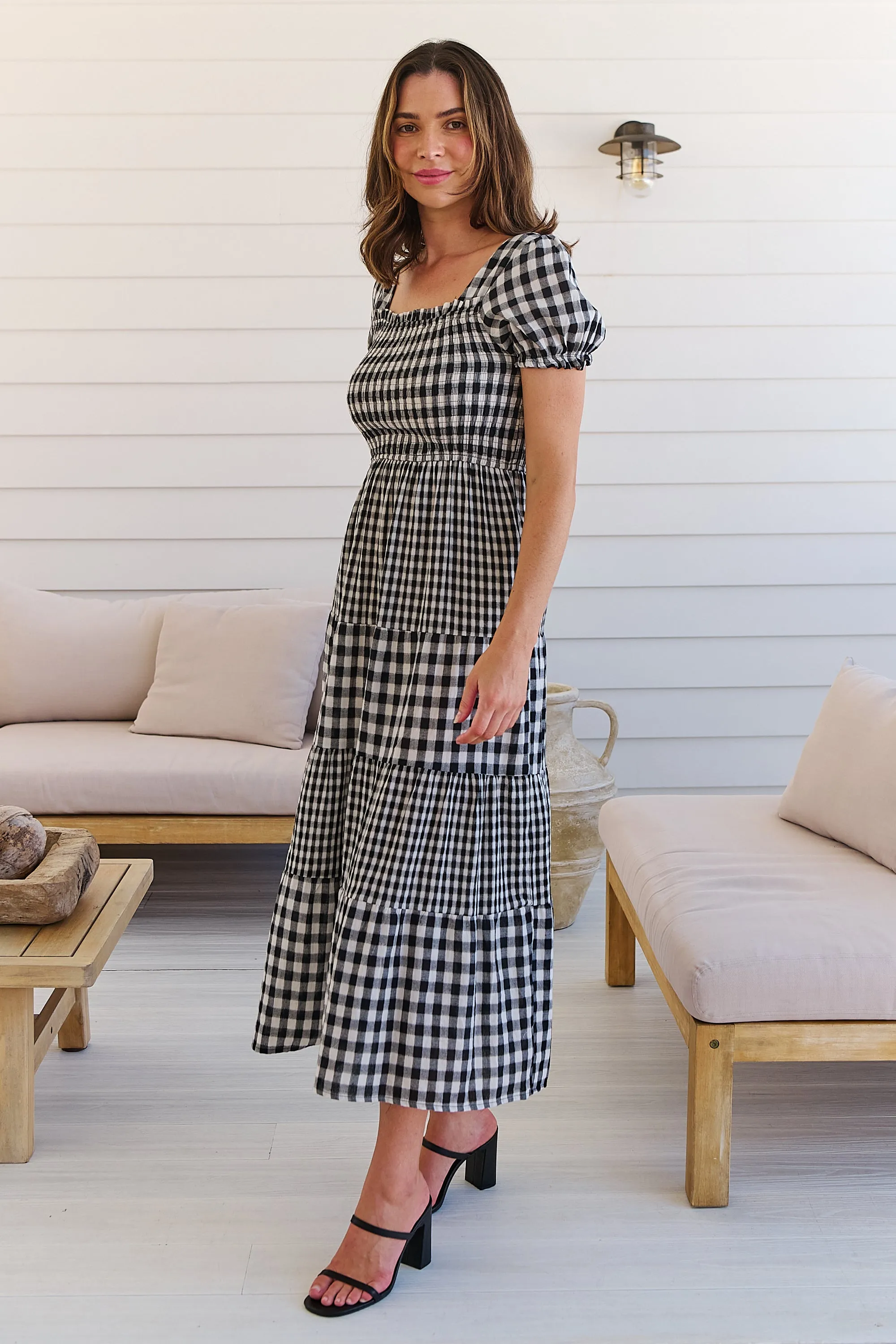 Quinn Black/White Gingham Shirred Bust Tiered Maxi Dress