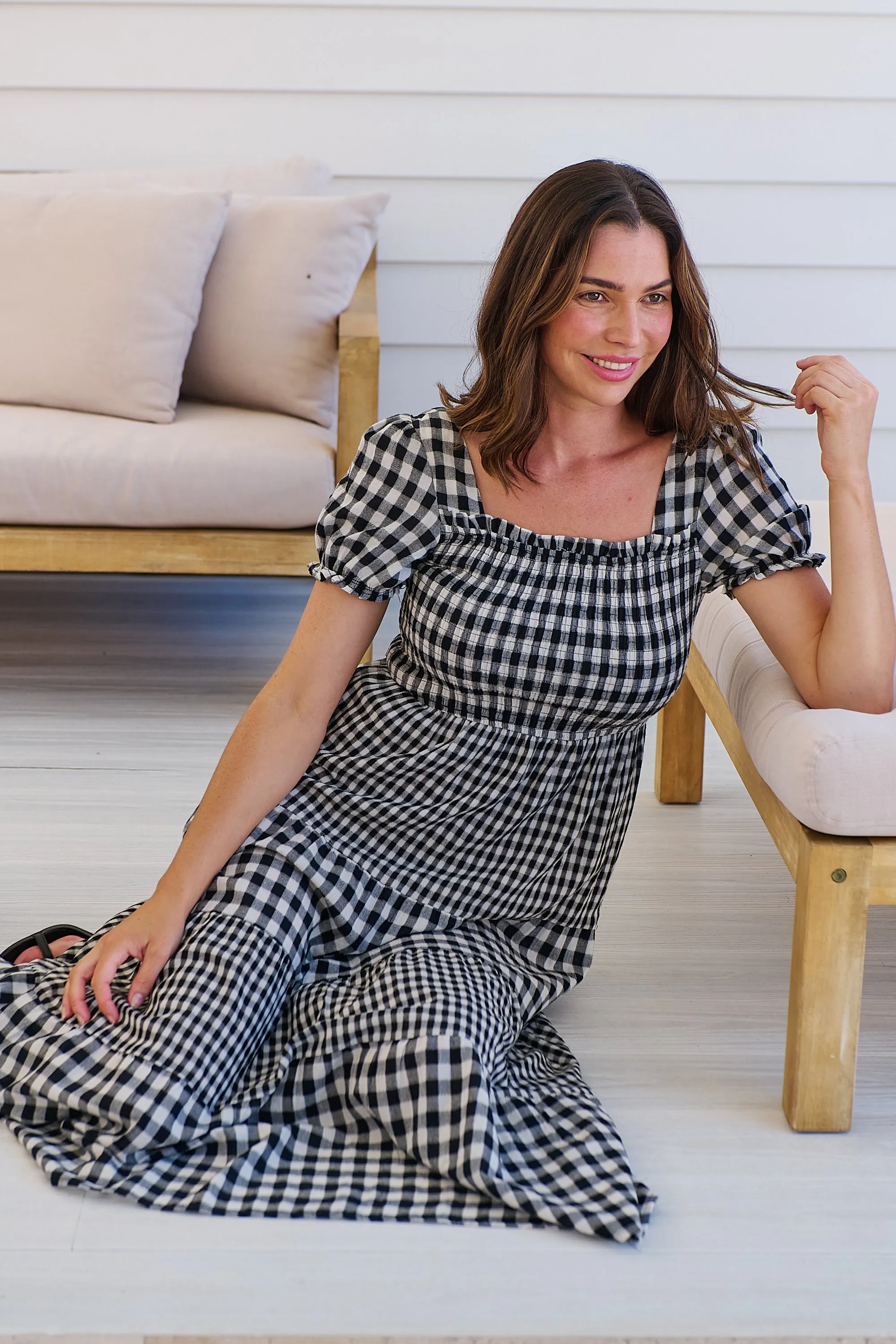 Quinn Black/White Gingham Shirred Bust Tiered Maxi Dress