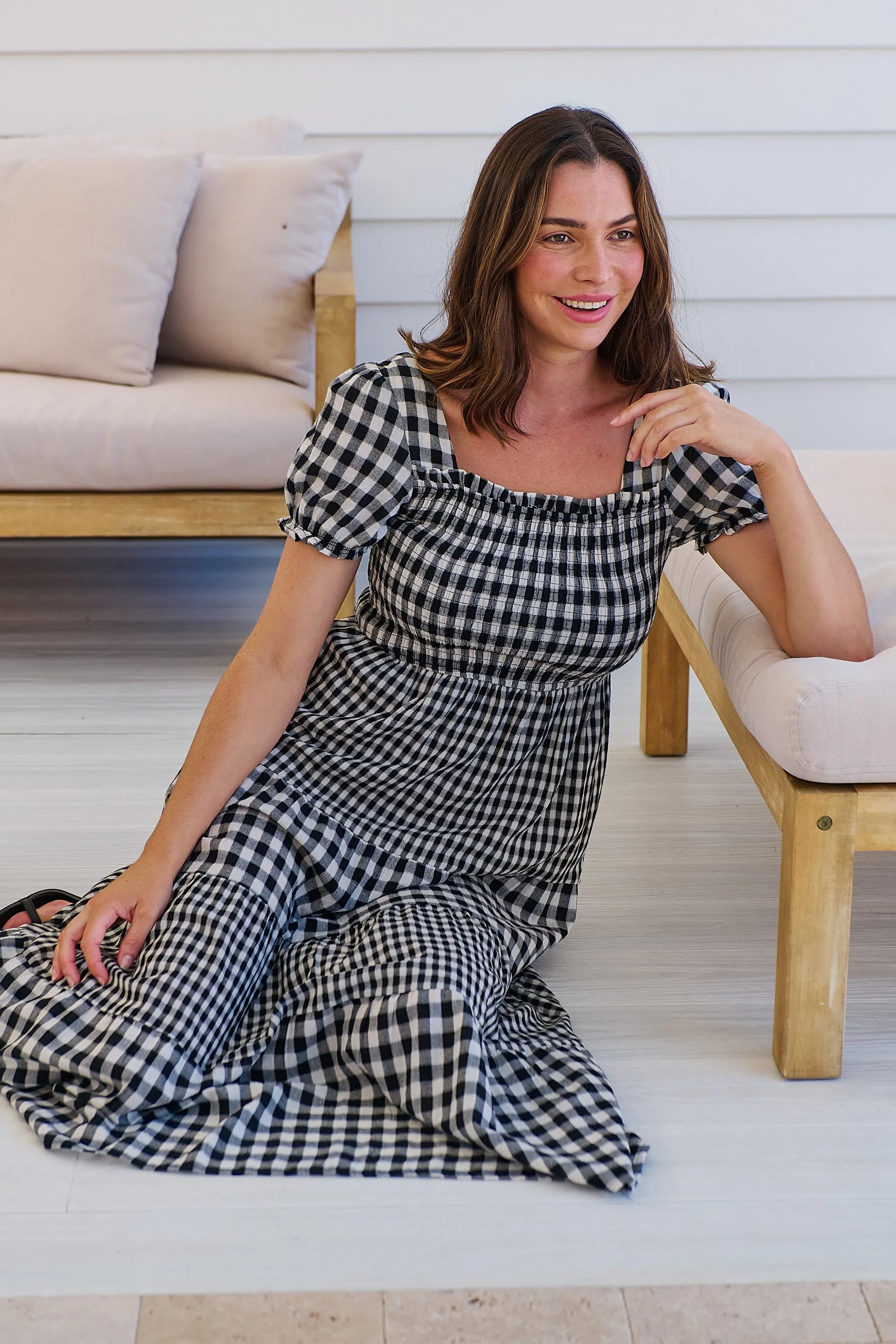 Quinn Black/White Gingham Shirred Bust Tiered Maxi Dress