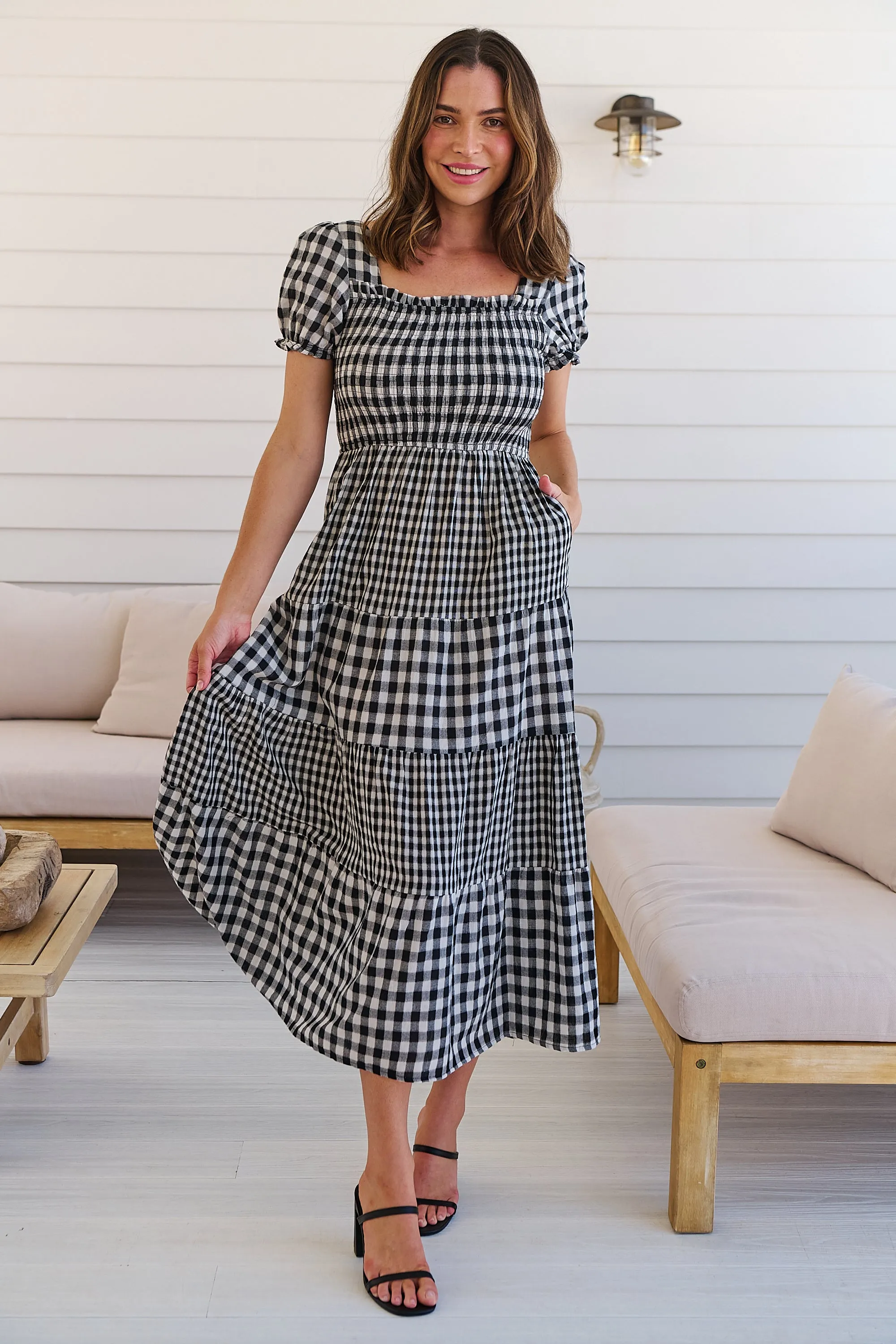 Quinn Black/White Gingham Shirred Bust Tiered Maxi Dress