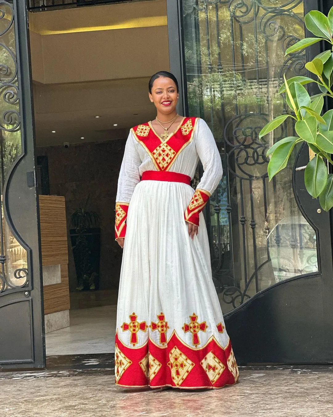 Red Vibrant Tilet with Golden Design Habesha Dress Style Habesha Kemis Design Habesha Libs