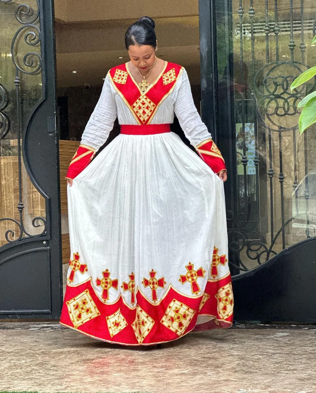 Red Vibrant Tilet with Golden Design Habesha Dress Style Habesha Kemis Design Habesha Libs