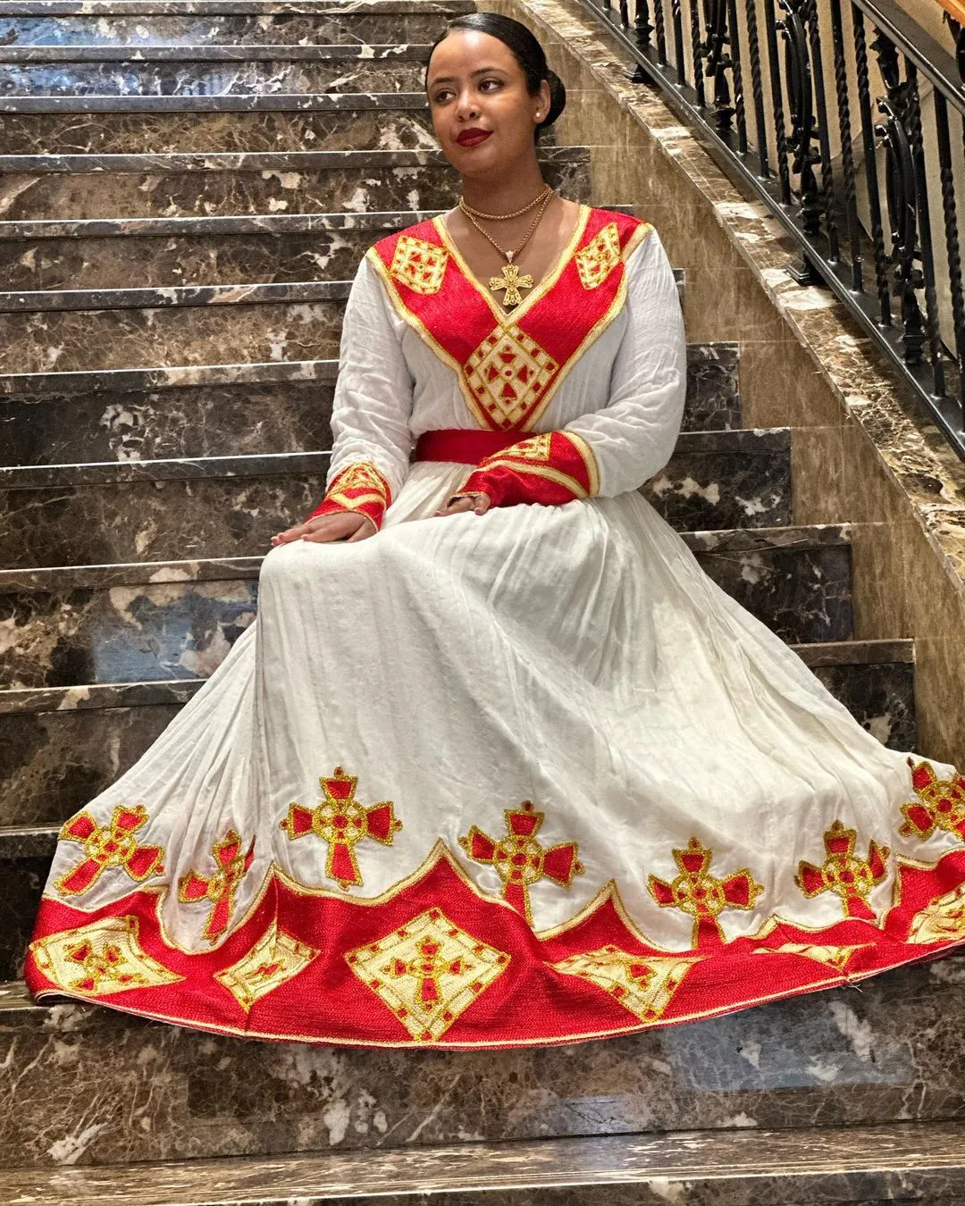 Red Vibrant Tilet with Golden Design Habesha Dress Style Habesha Kemis Design Habesha Libs