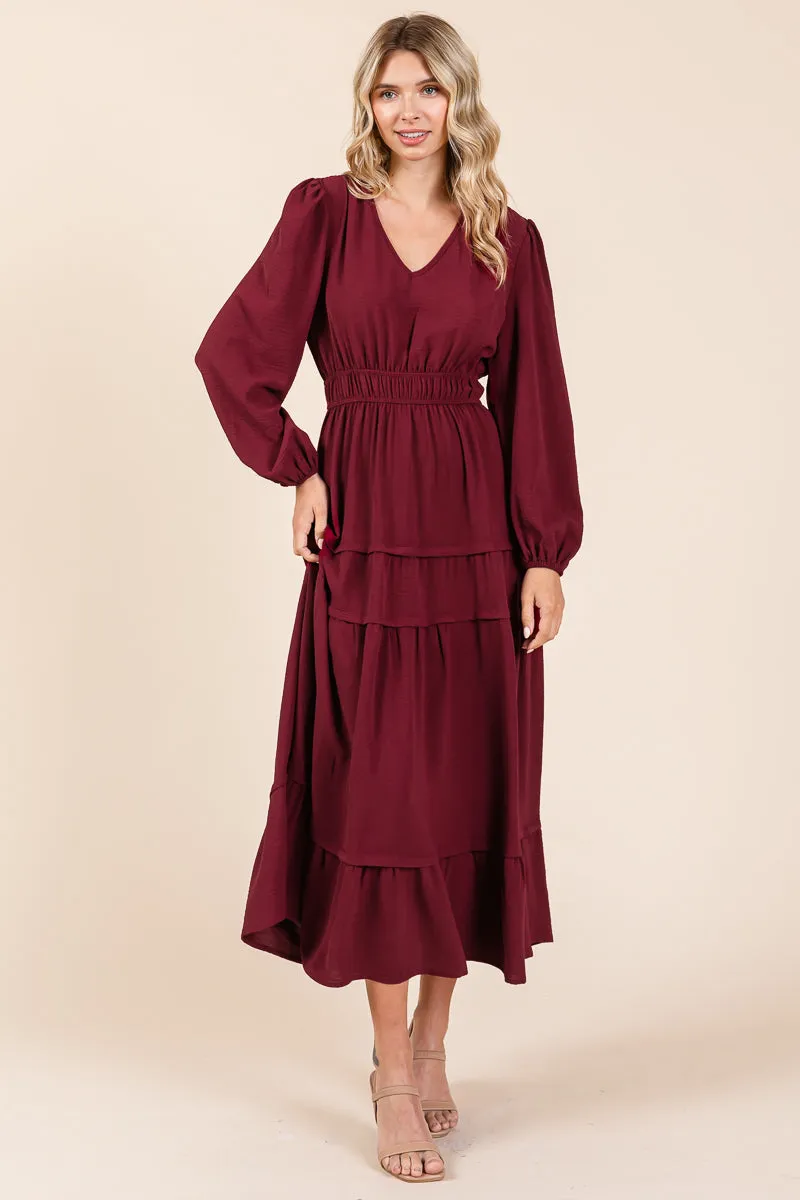 Ruched V Neck Long Sleeve Tiered Midi Dress