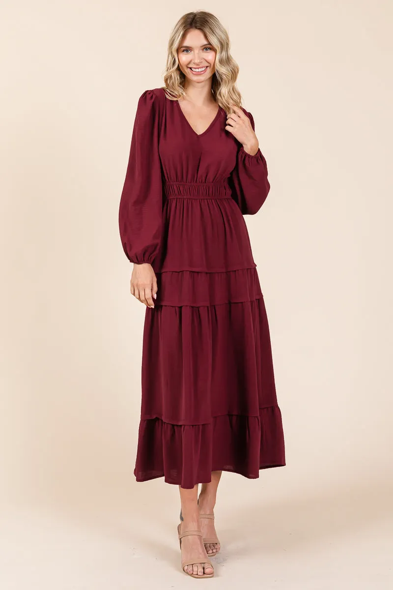 Ruched V Neck Long Sleeve Tiered Midi Dress