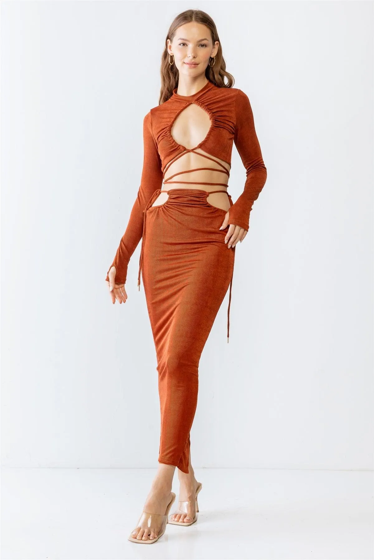 Rust Self-Tie Maxi Skirt & Long Sleeve Cut-Out Crop Top Set /3-2-1