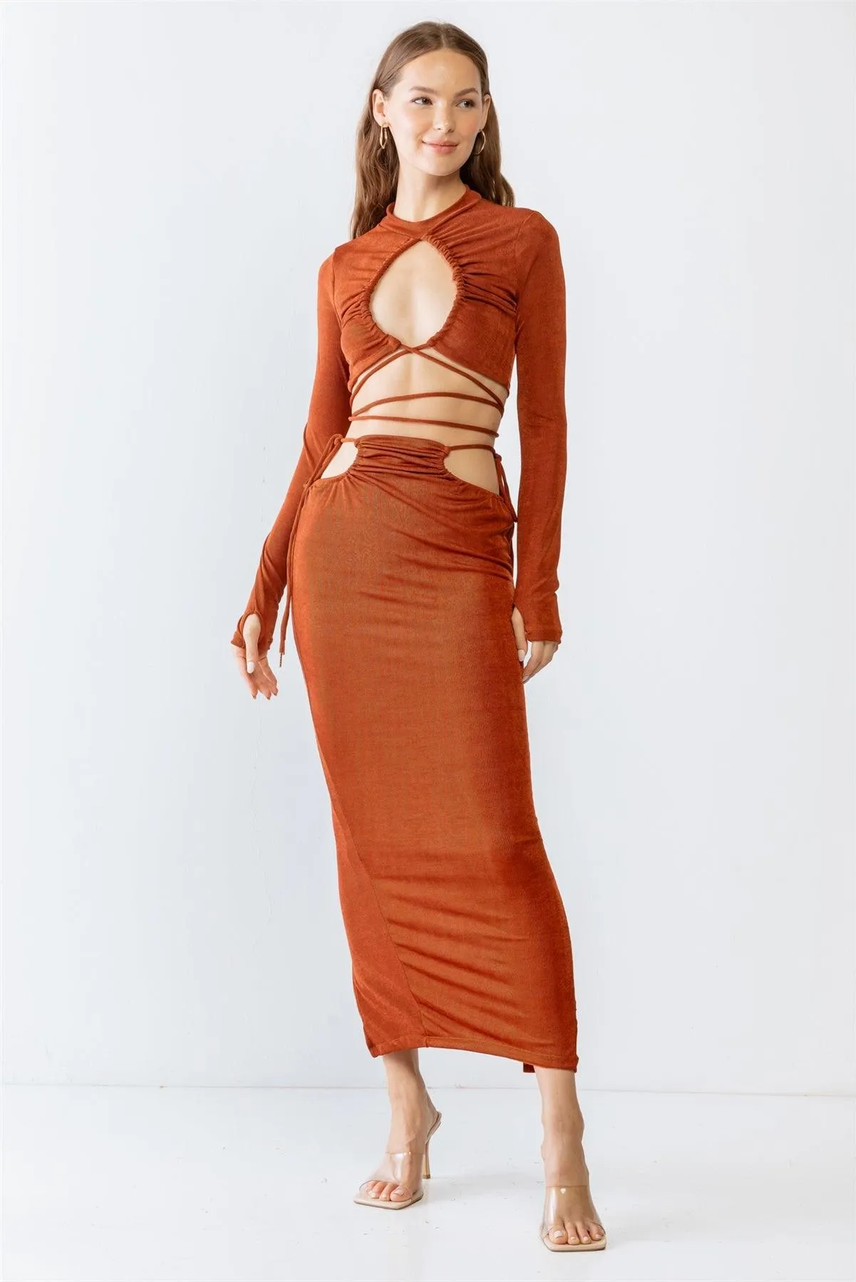 Rust Self-Tie Maxi Skirt & Long Sleeve Cut-Out Crop Top Set /4-2