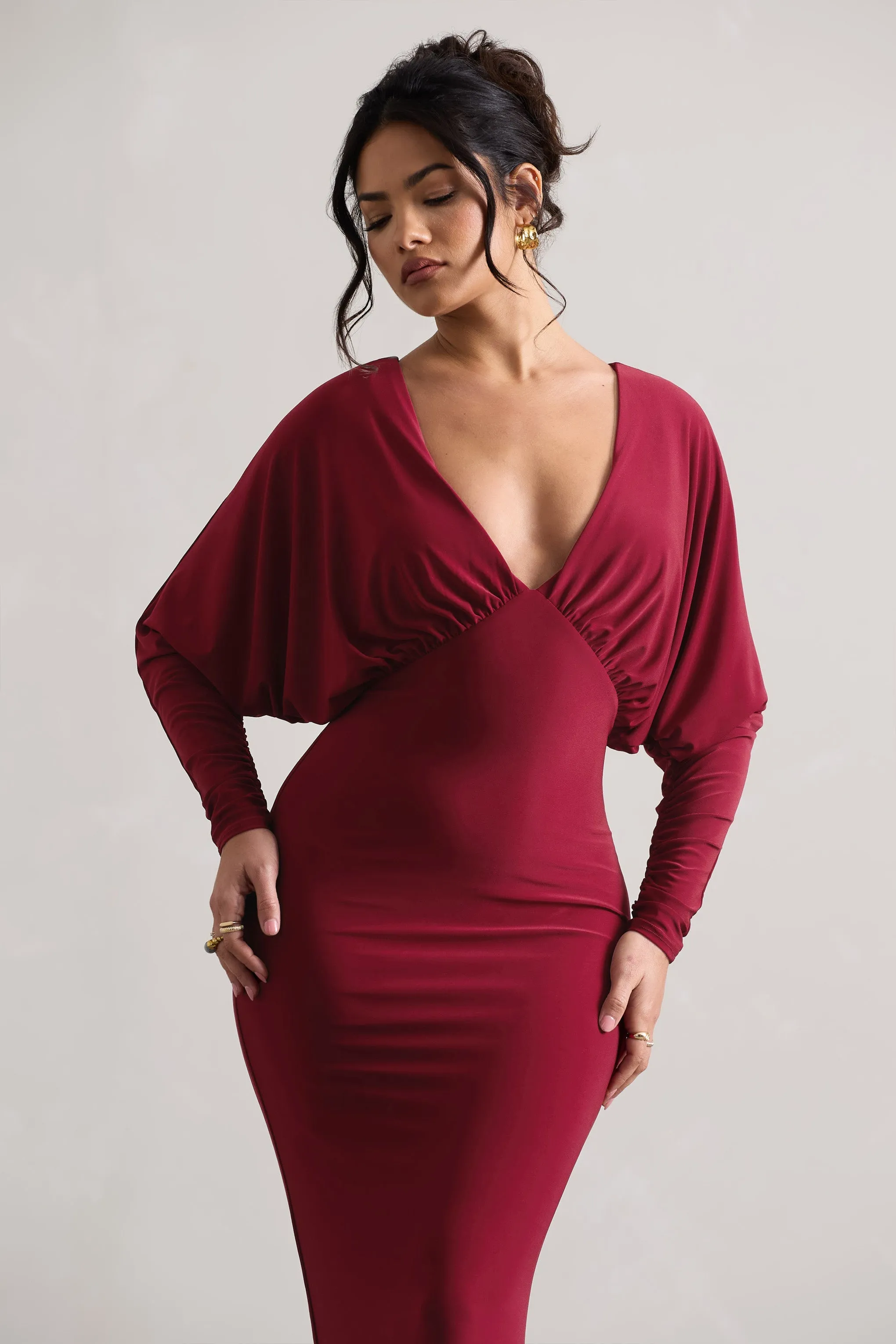 Ruth | Berry Draped Plunge-Neck Maxi Dress