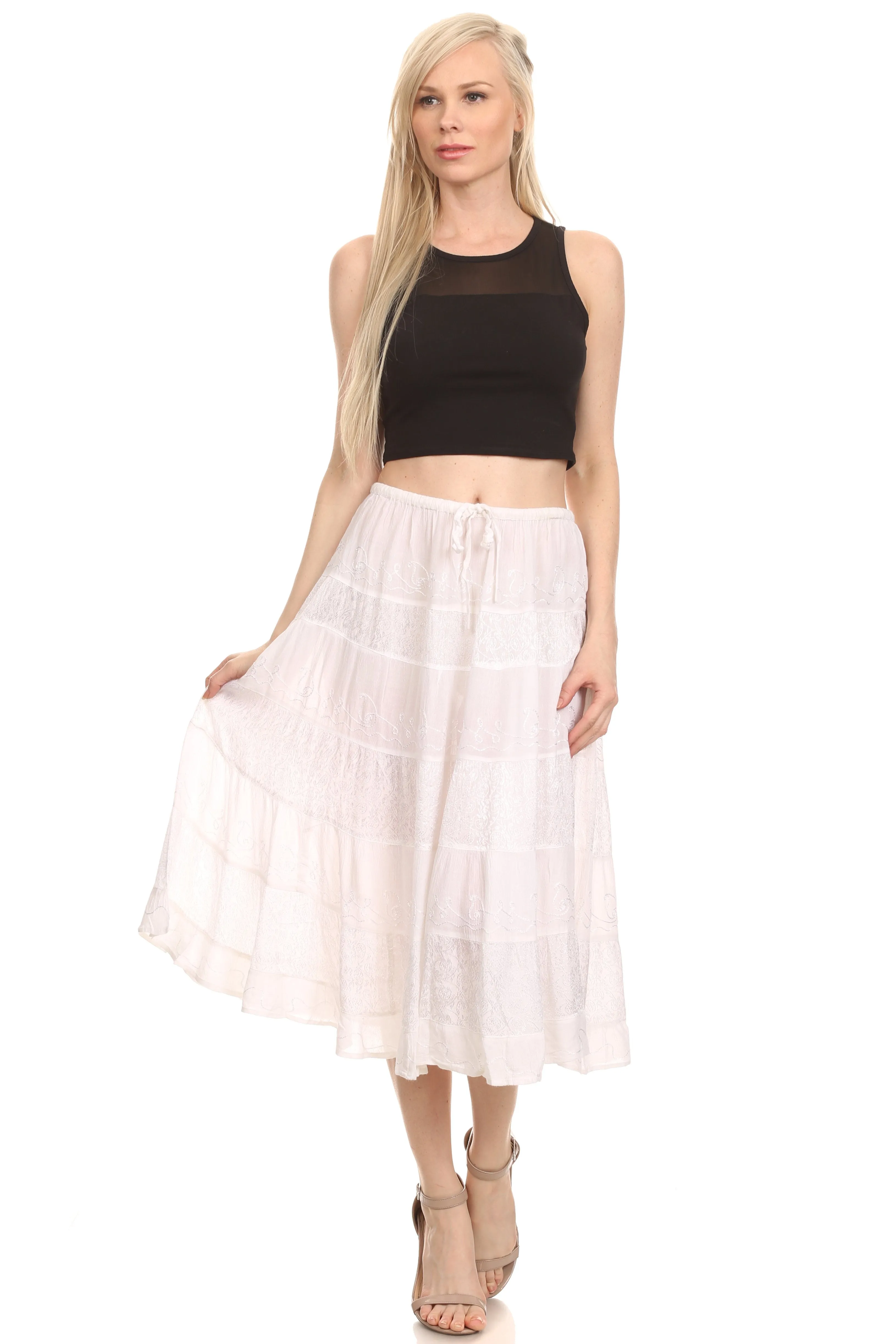 Sakkas S3114 - Rowan Mid Length Bohemian Embroidered Skirt With Adjustable Waist - Beige - OS