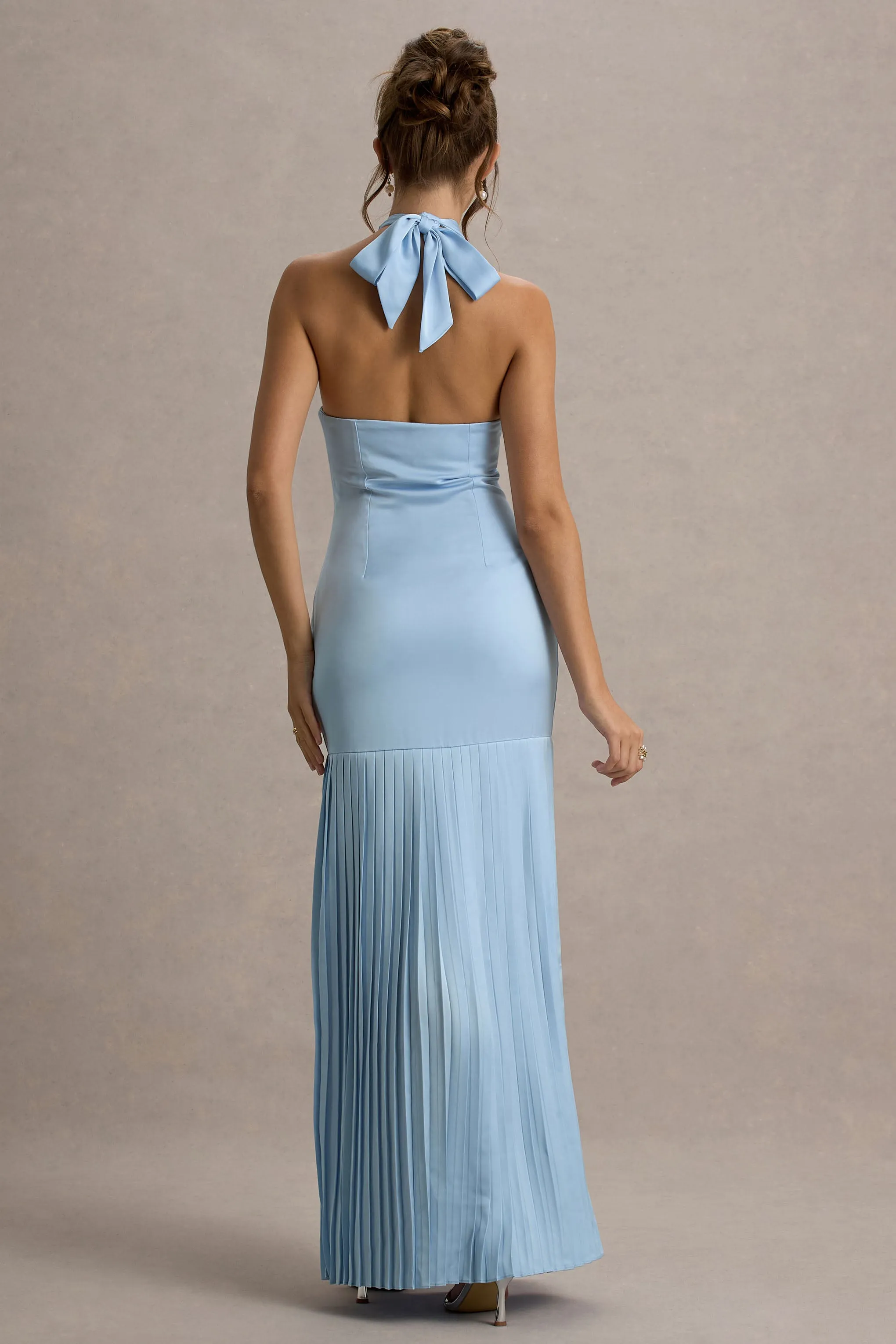 Sansa | Powder Blue Satin Cross Halter-Neck Plisse Maxi Dress