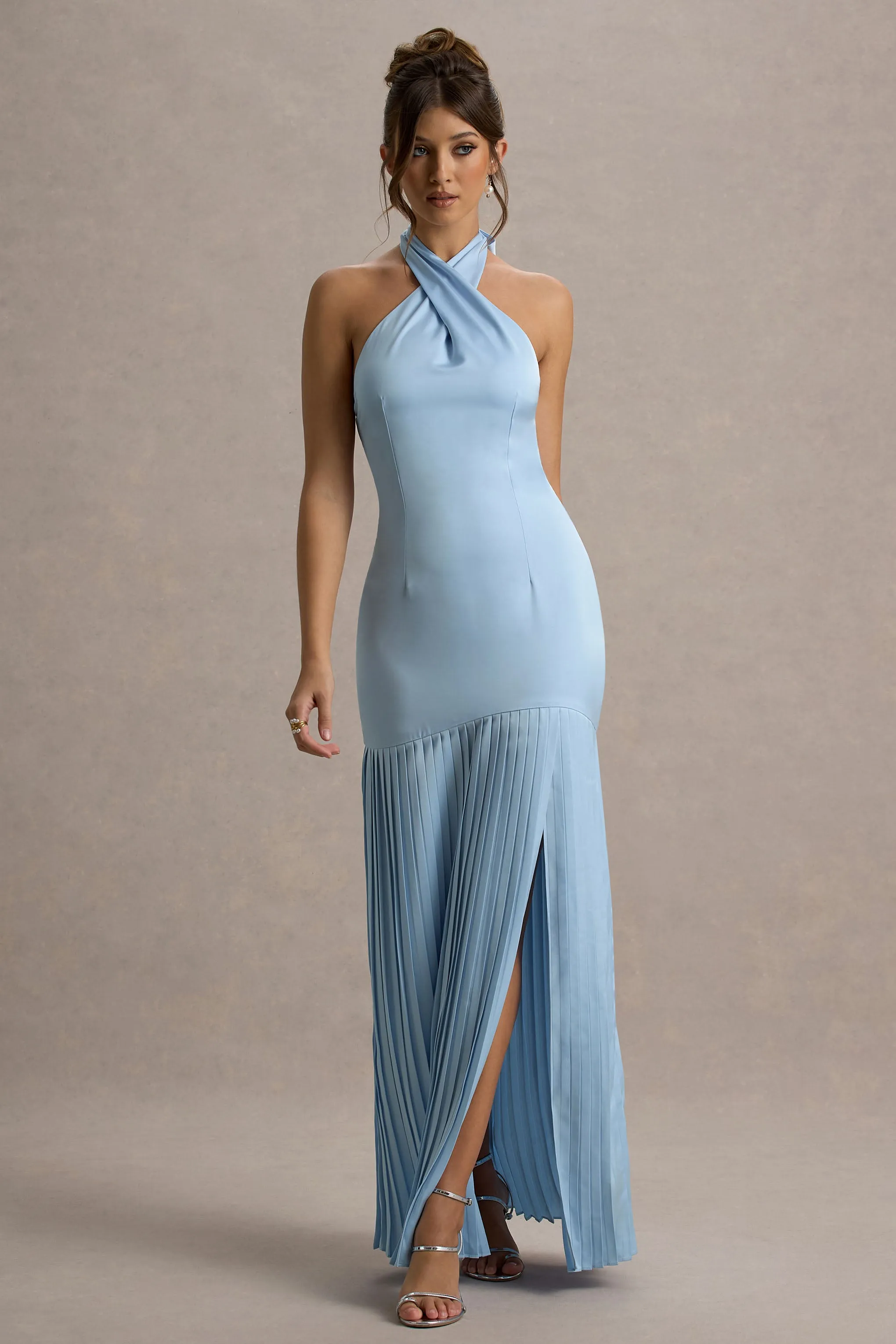 Sansa | Powder Blue Satin Cross Halter-Neck Plisse Maxi Dress