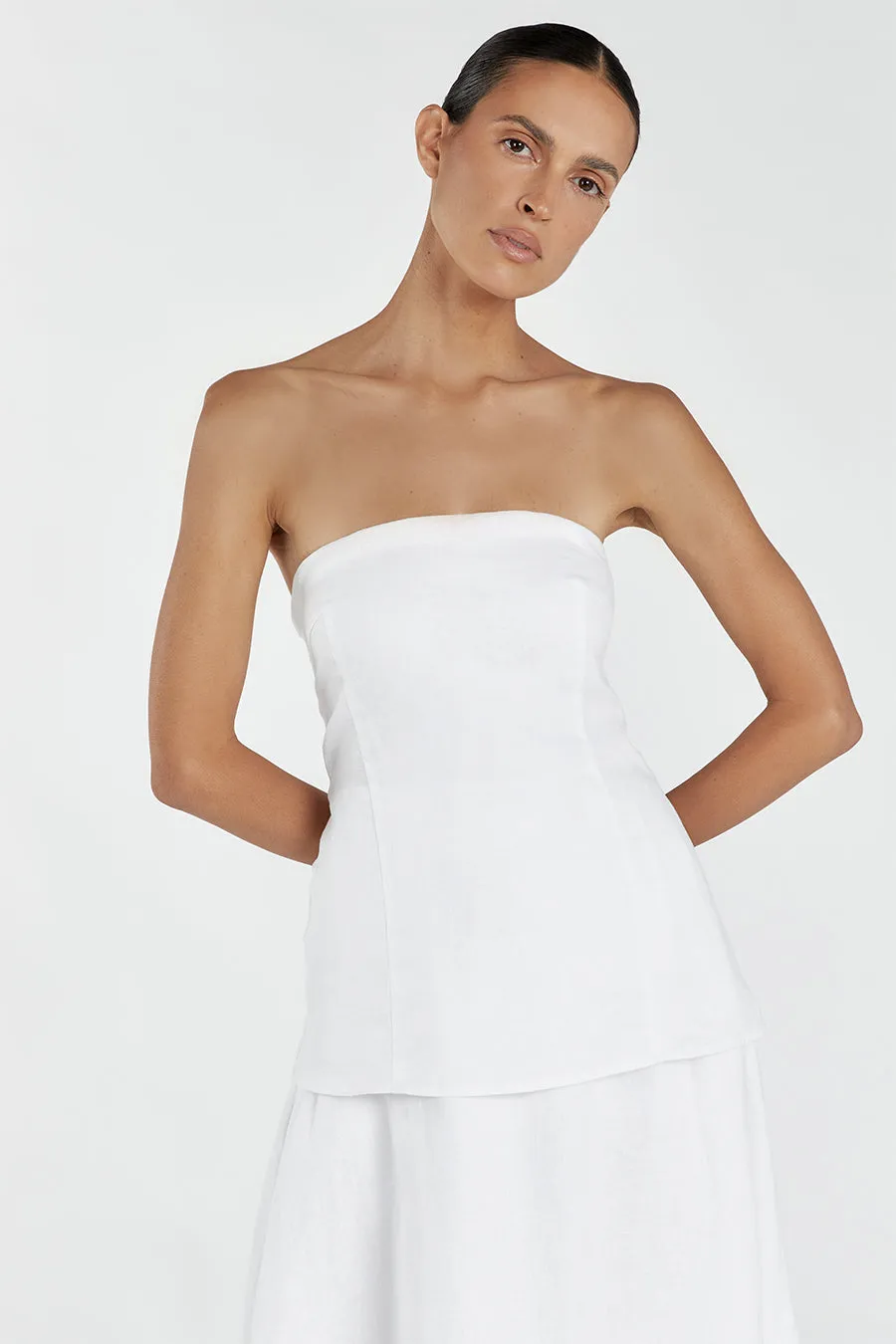 SASKIA WHITE LINEN STRAPLESS DRESS