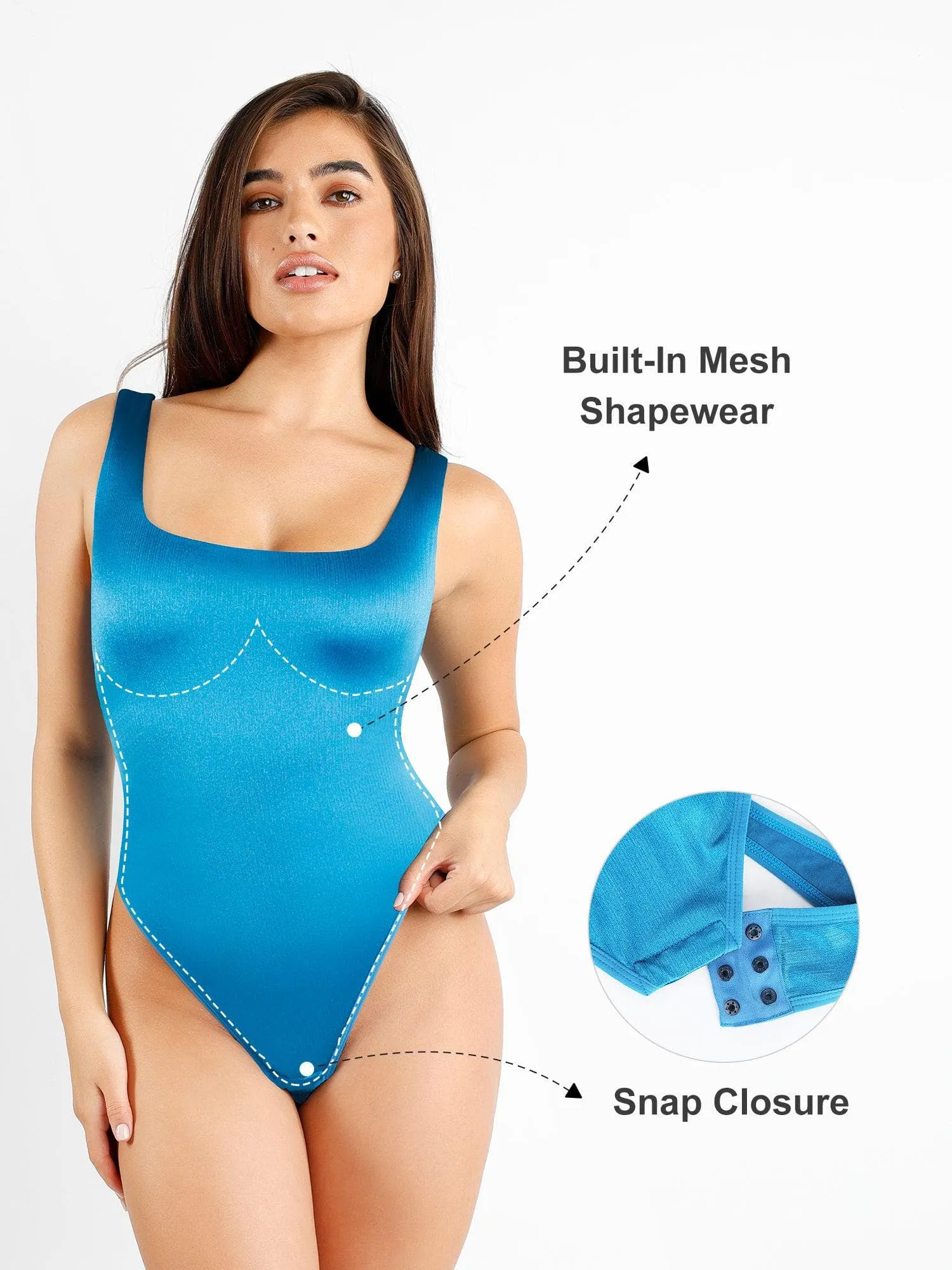 Shapewear Square Neck Smoothing Shine Thong Bodysuit For Insiders