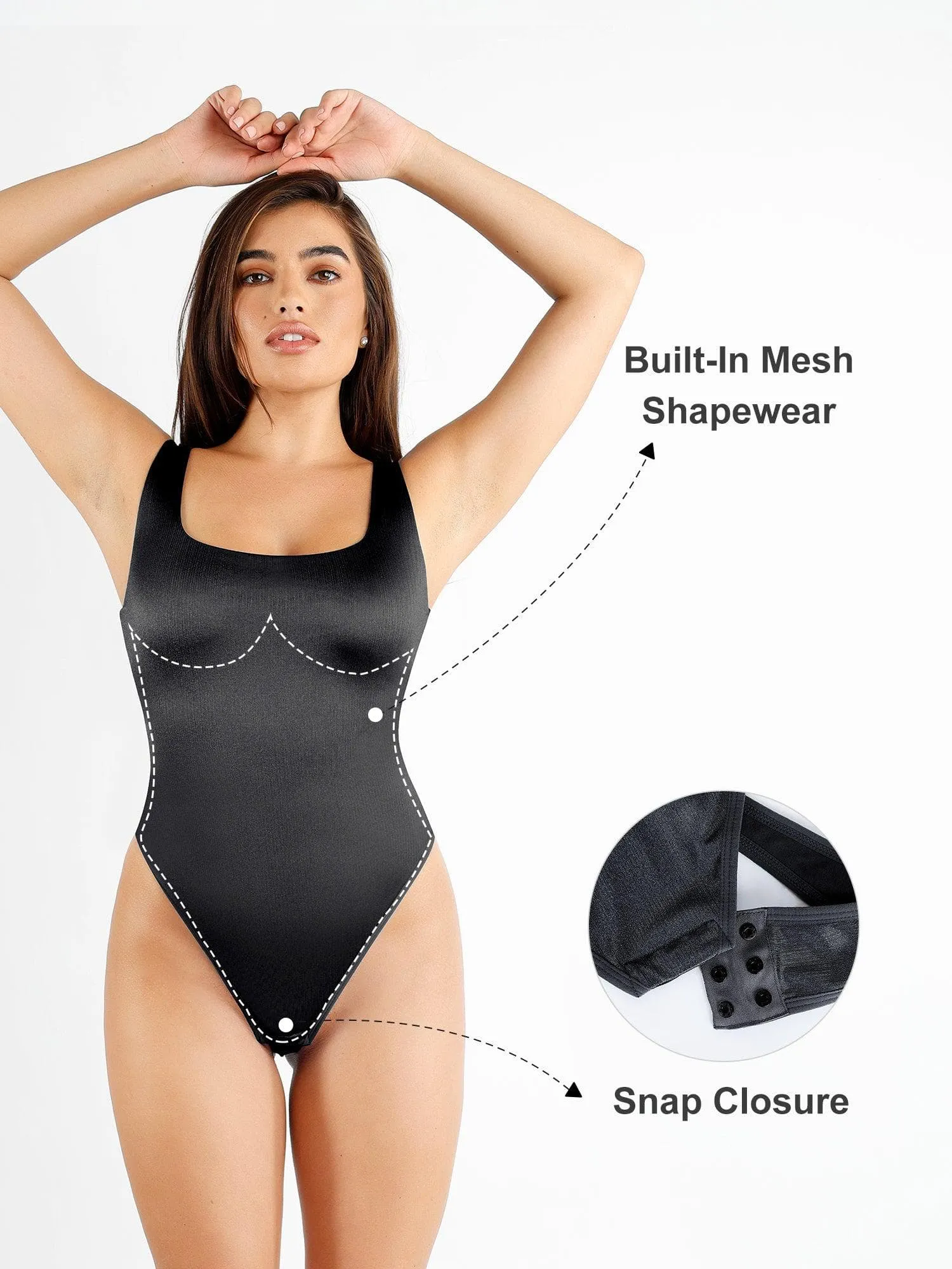 Shapewear Square Neck Smoothing Shine Thong Bodysuit For Insiders