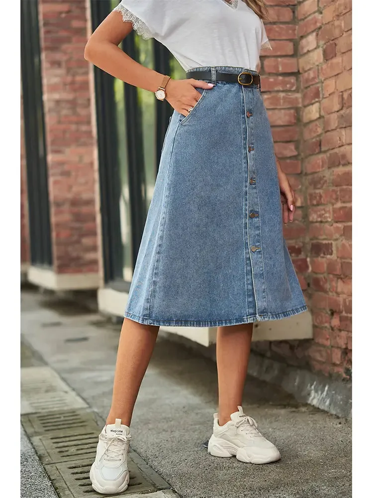 Slimming Washed Denim Button-Down Skirt