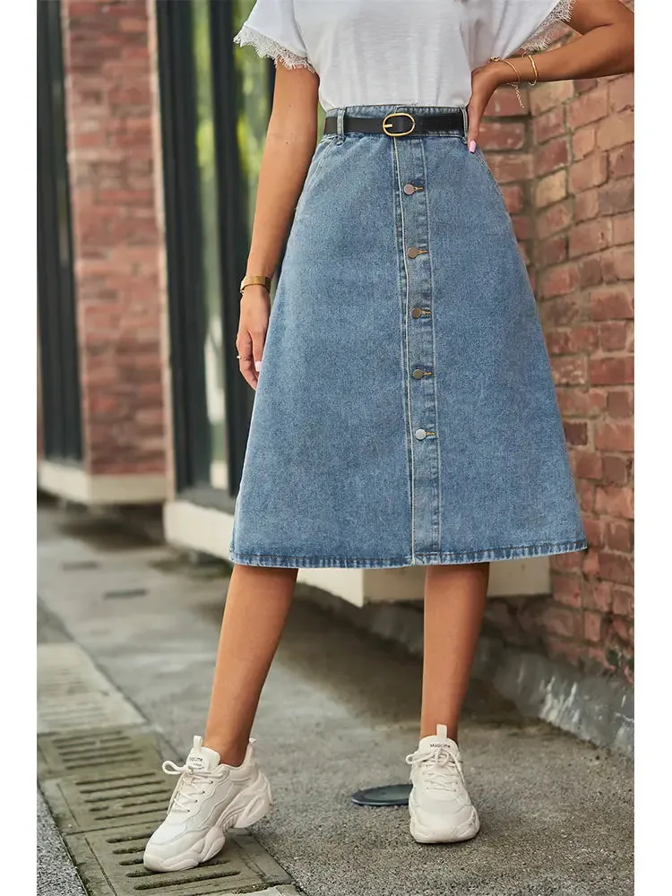 Slimming Washed Denim Button-Down Skirt