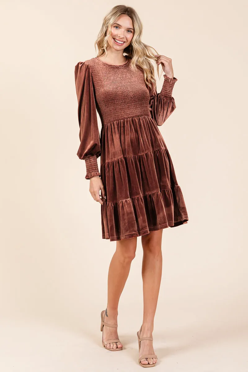 Smocked Long Sleeve Ruffle Hem Tiered Velvet Dress