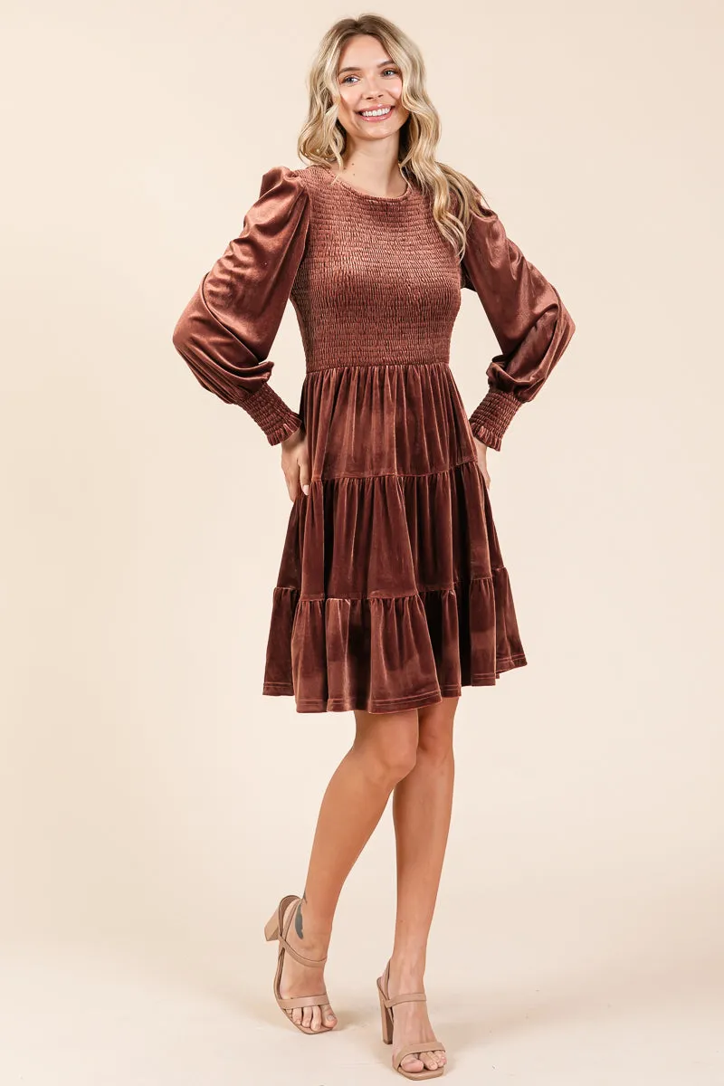 Smocked Long Sleeve Ruffle Hem Tiered Velvet Dress