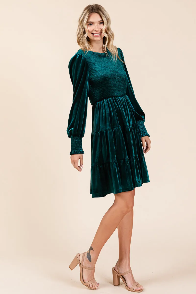 Smocked Long Sleeve Ruffle Hem Tiered Velvet Dress