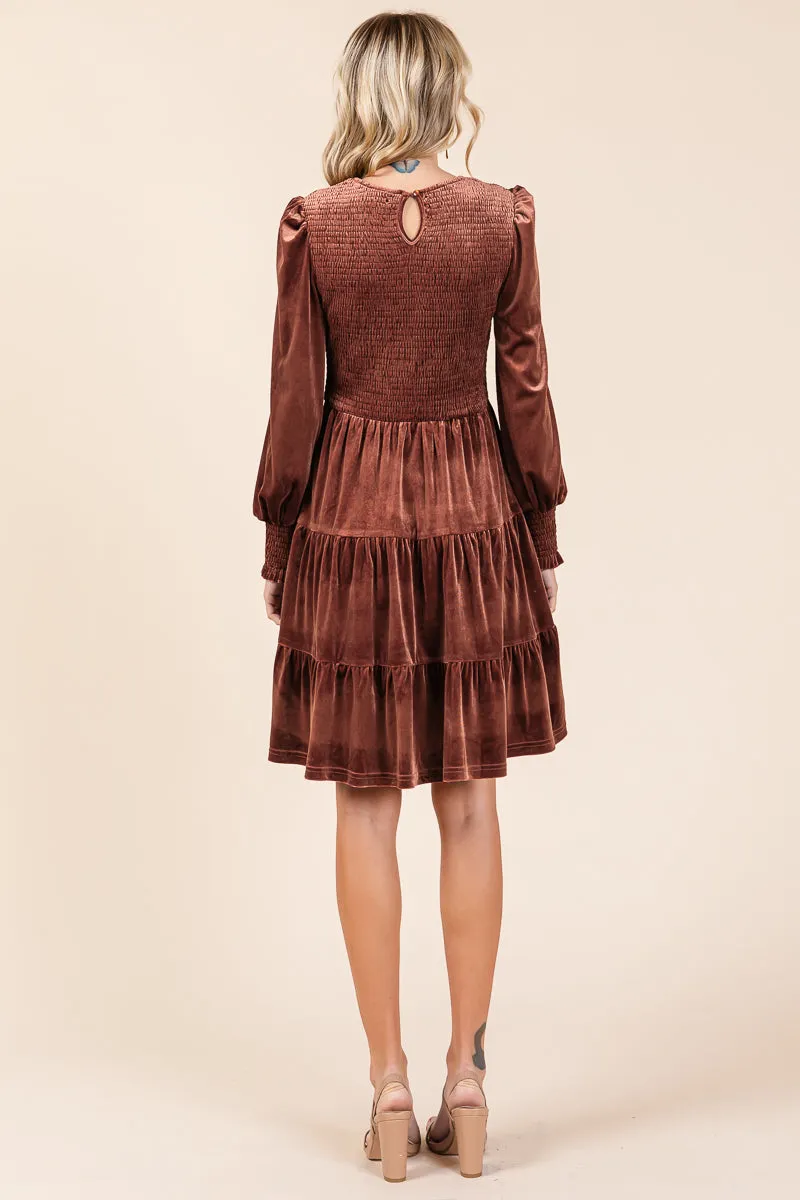 Smocked Long Sleeve Ruffle Hem Tiered Velvet Dress