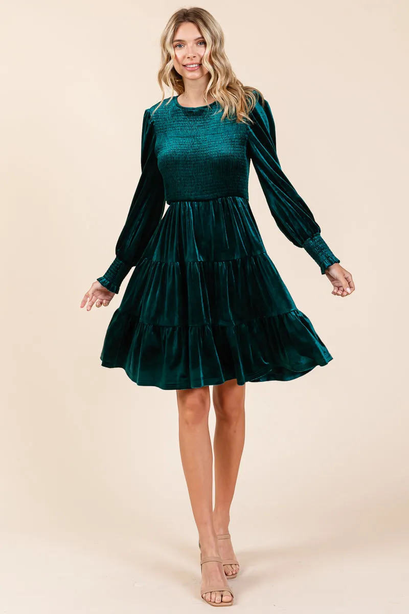 Smocked Long Sleeve Ruffle Hem Tiered Velvet Dress