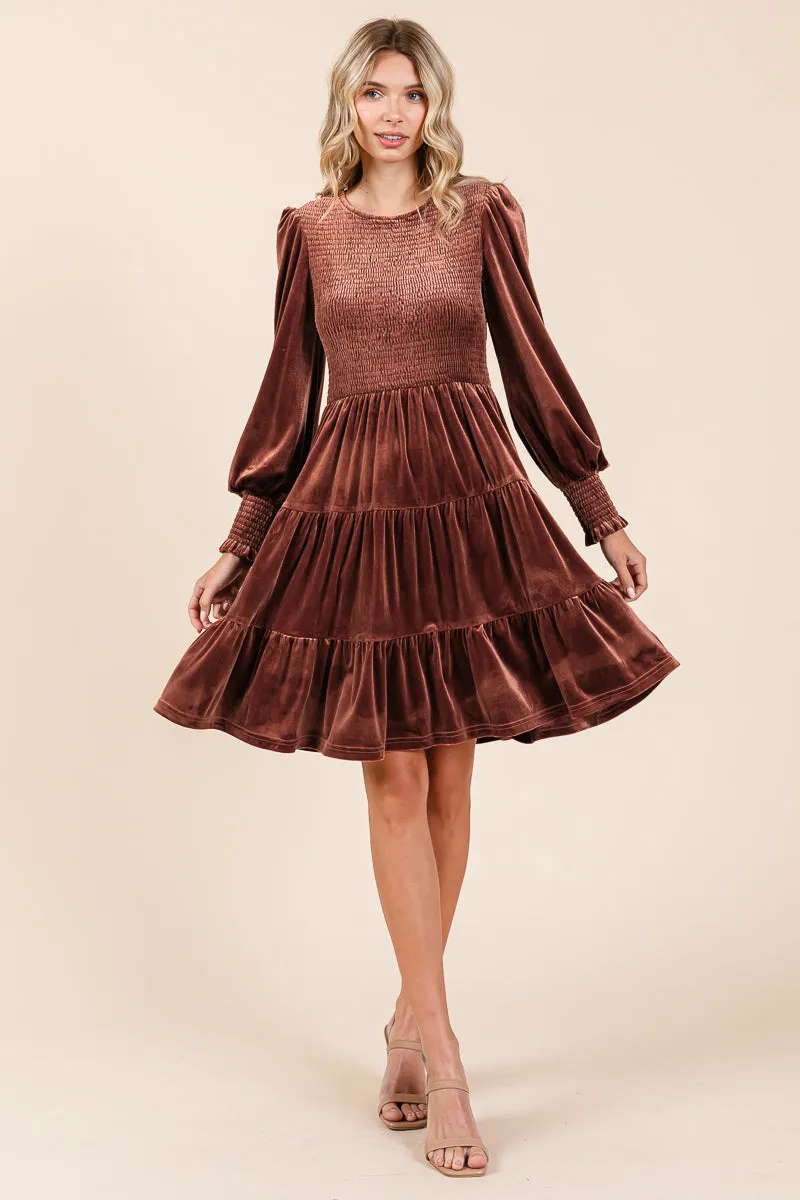 Smocked Long Sleeve Ruffle Hem Tiered Velvet Dress