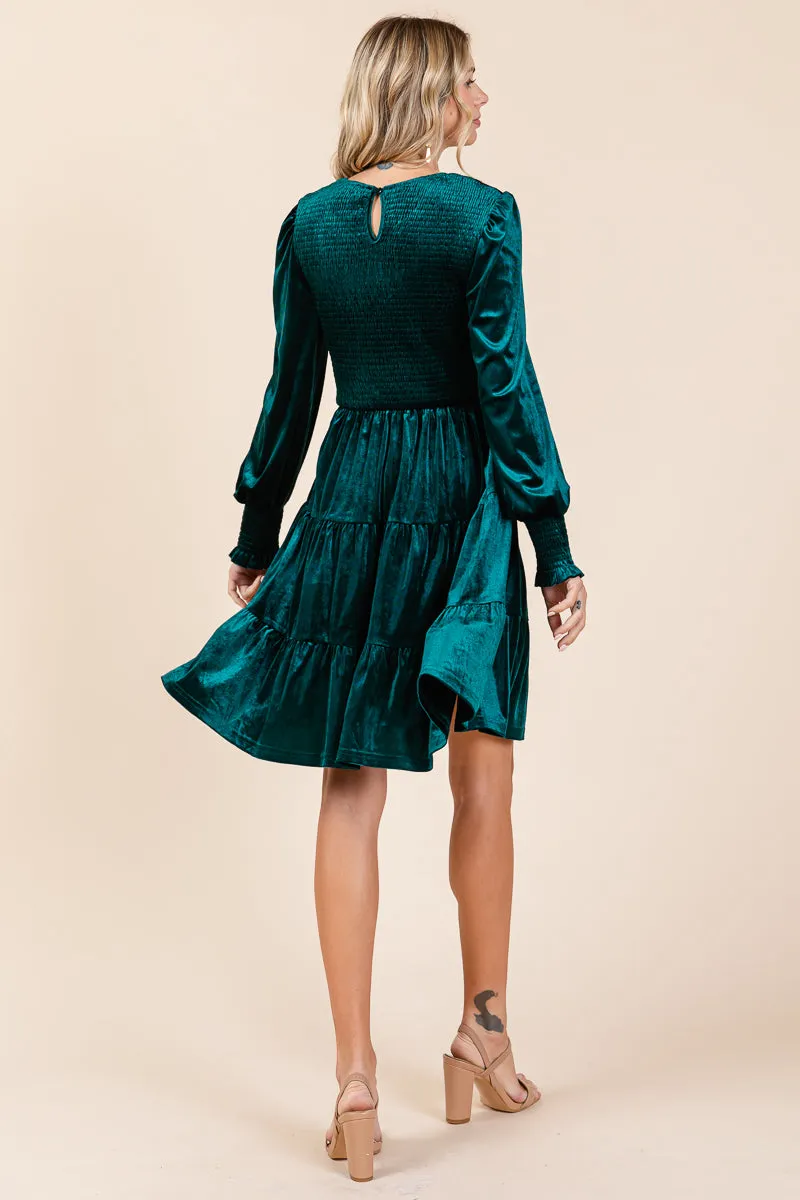 Smocked Long Sleeve Ruffle Hem Tiered Velvet Dress