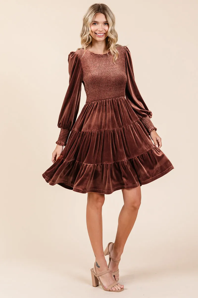 Smocked Long Sleeve Ruffle Hem Tiered Velvet Dress