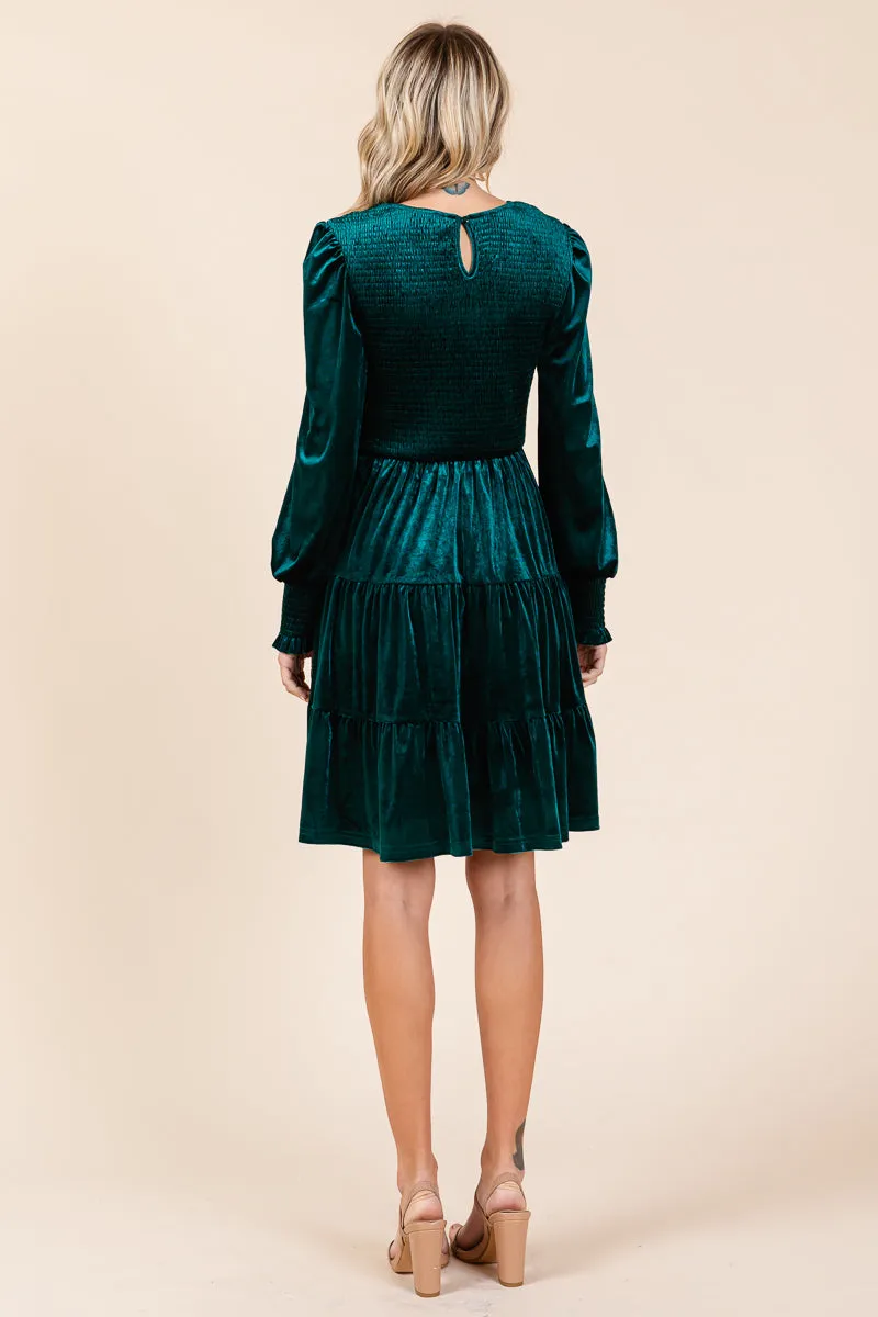 Smocked Long Sleeve Ruffle Hem Tiered Velvet Dress