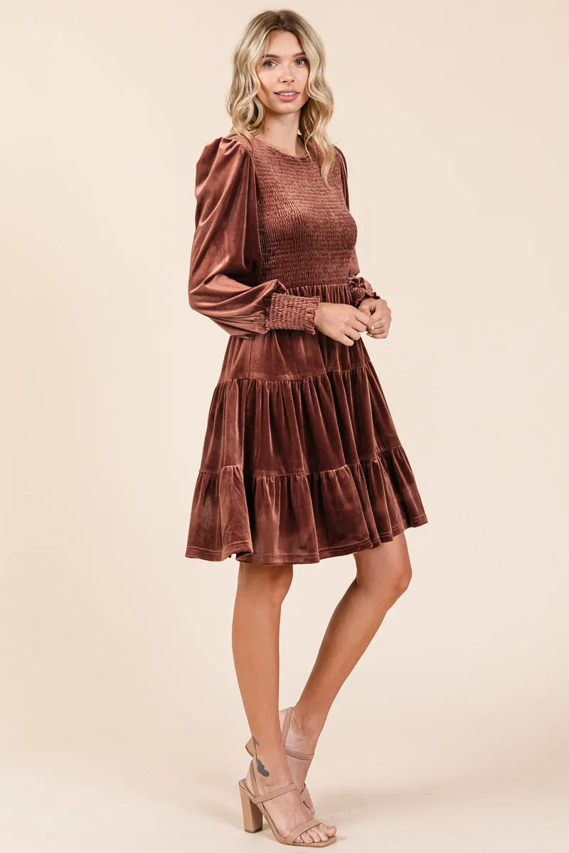 Smocked Long Sleeve Ruffle Hem Tiered Velvet Dress