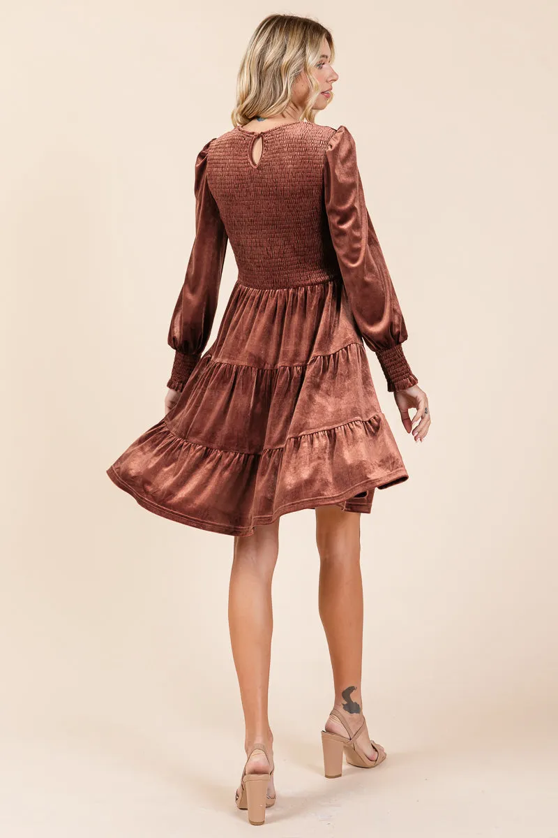 Smocked Long Sleeve Ruffle Hem Tiered Velvet Dress