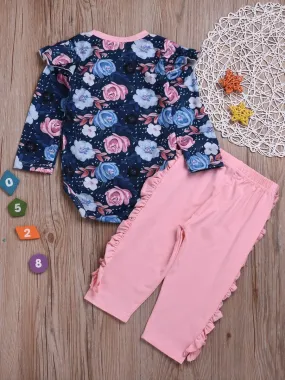 Spring Casual Outing Clothes Set Flutter Sleeve Floral Jumpsuit  Ruffle Pink Trousers