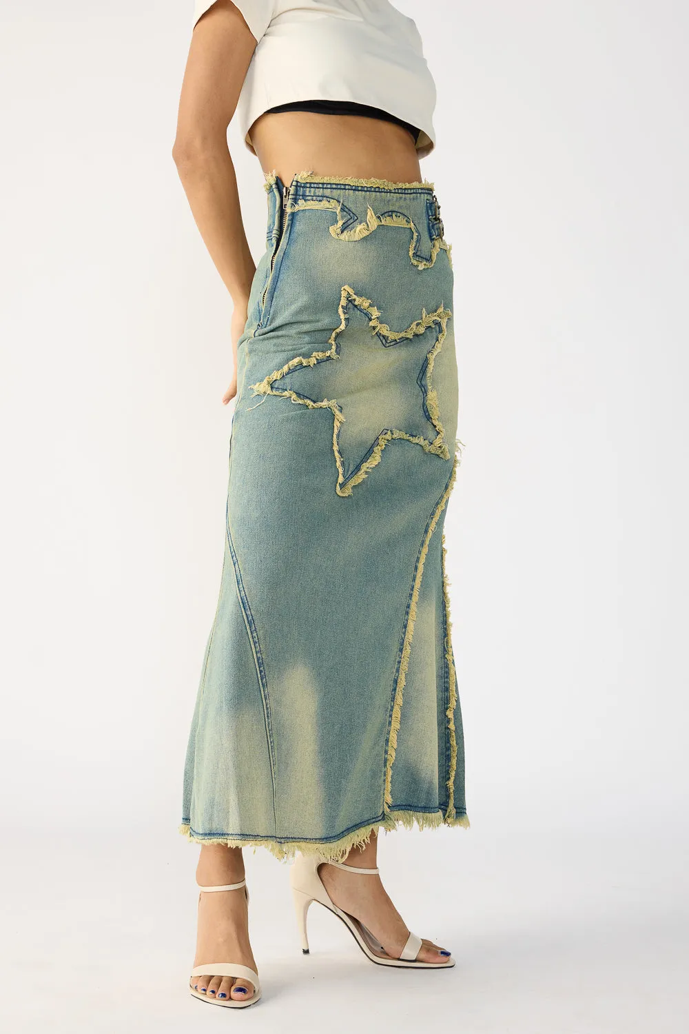 Star Washed Blue Maxi Skirt