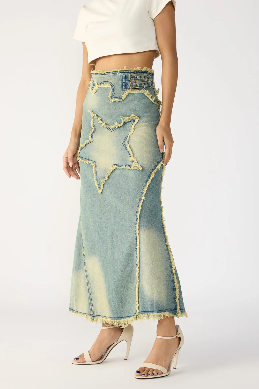 Star Washed Blue Maxi Skirt