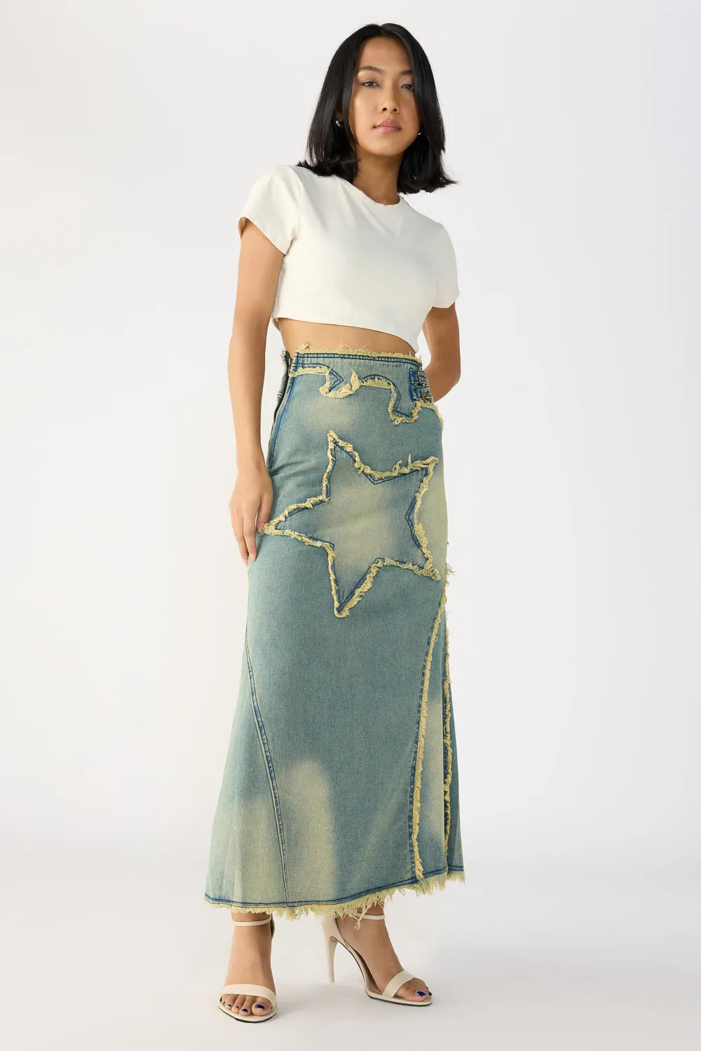 Star Washed Blue Maxi Skirt