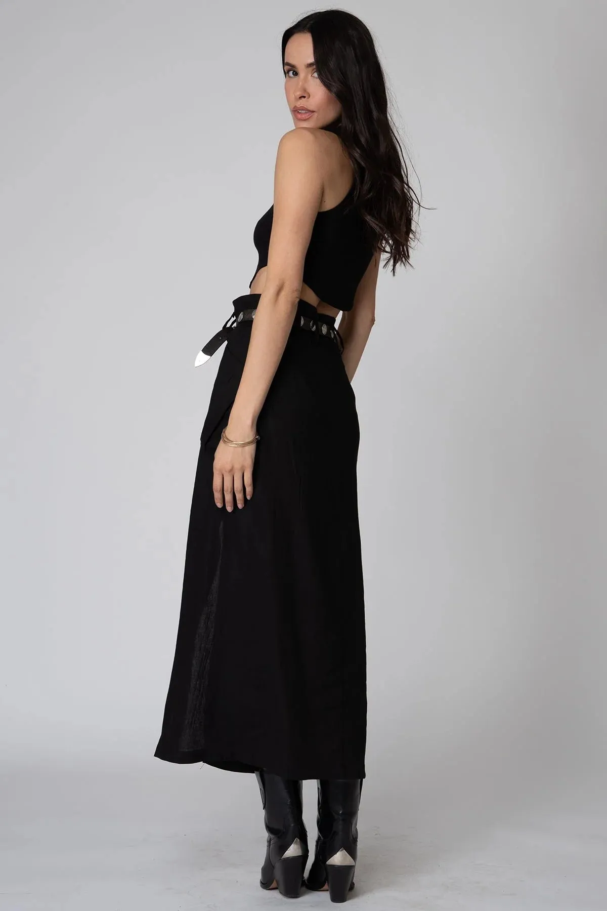 Stretch Linen Cargo Knotch Waist Maxi Skirt | Black