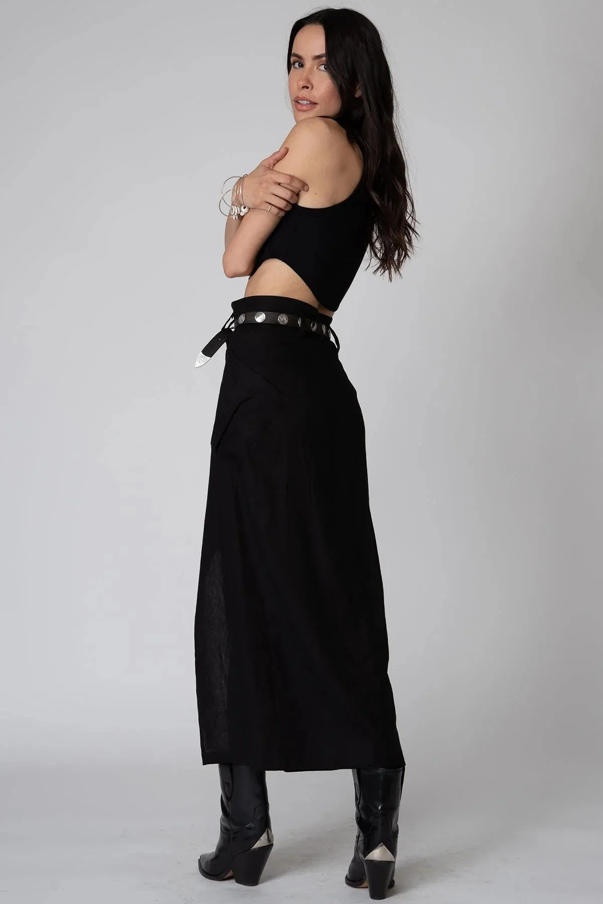 Stretch Linen Cargo Knotch Waist Maxi Skirt | Black