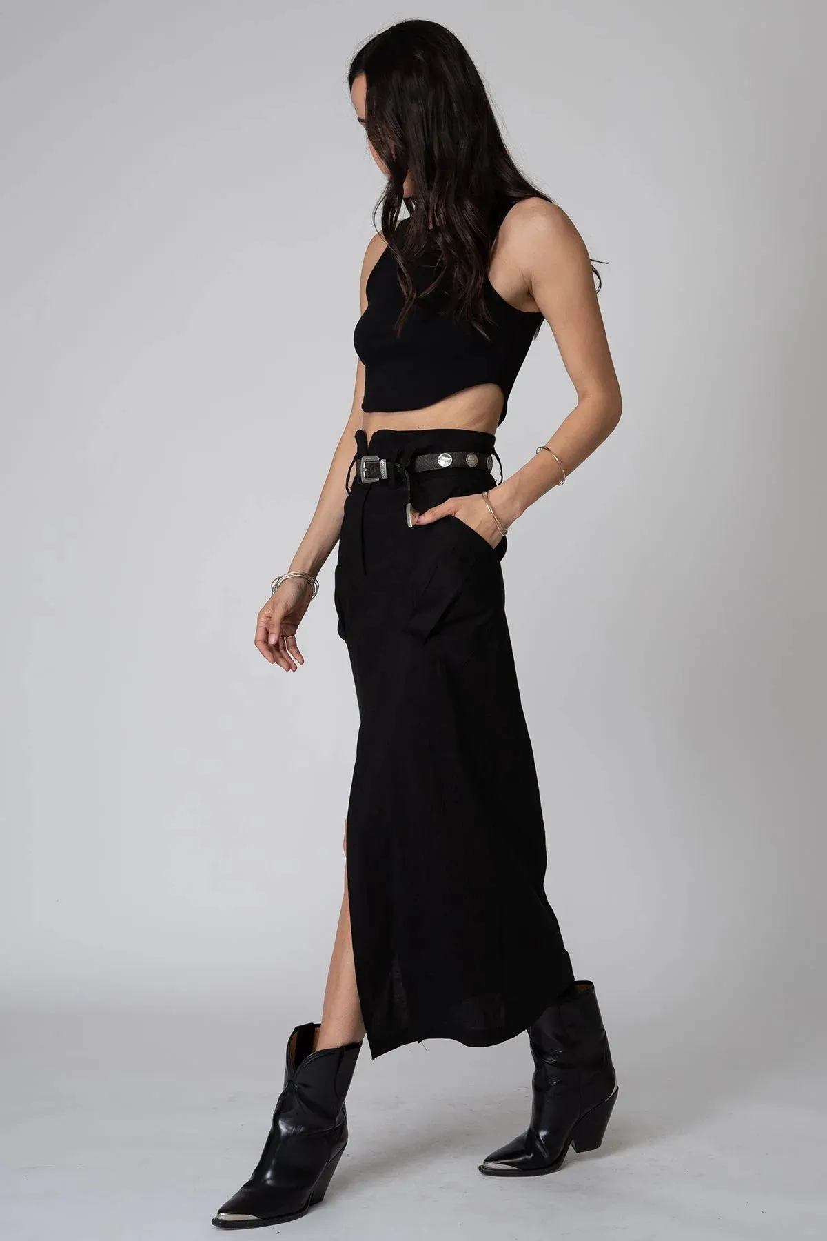 Stretch Linen Cargo Knotch Waist Maxi Skirt | Black