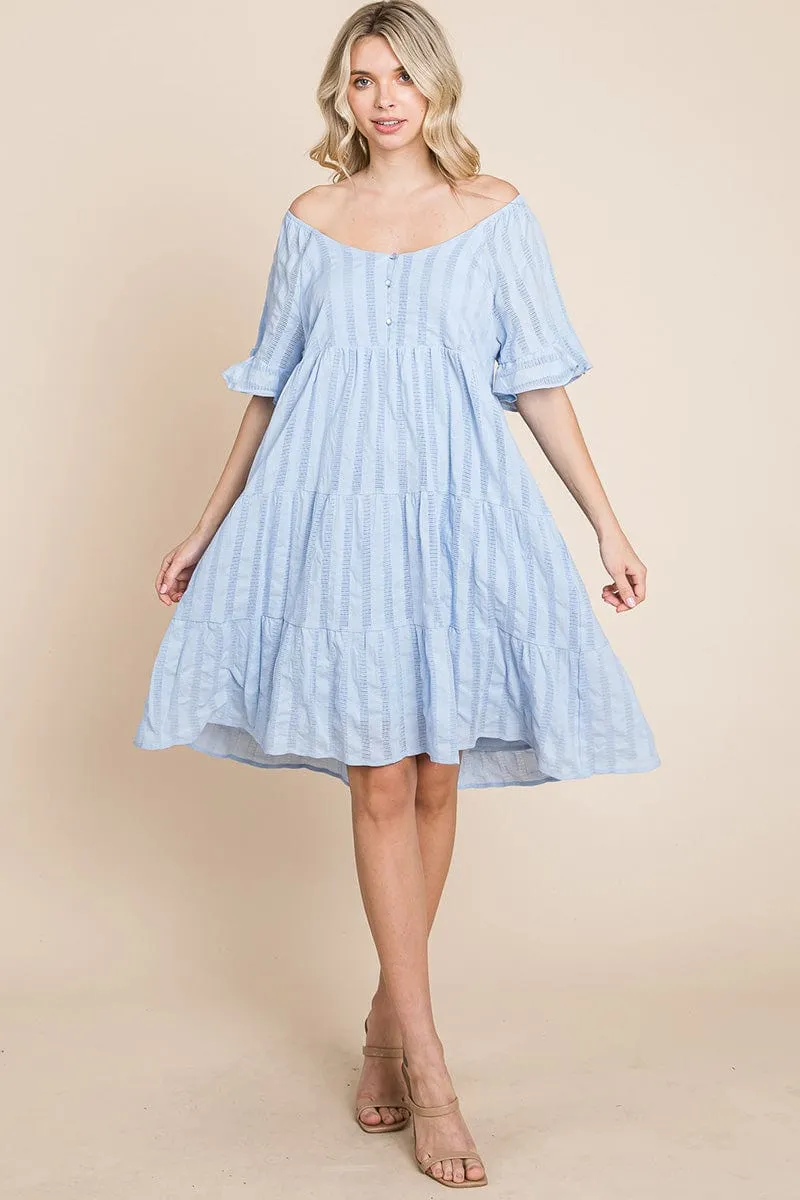 Stripe Textured Tiered Flutter Sleeve Cotton Dress