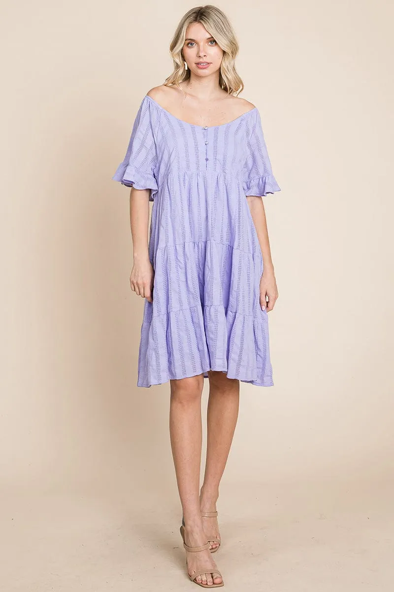 Stripe Textured Tiered Flutter Sleeve Cotton Dress