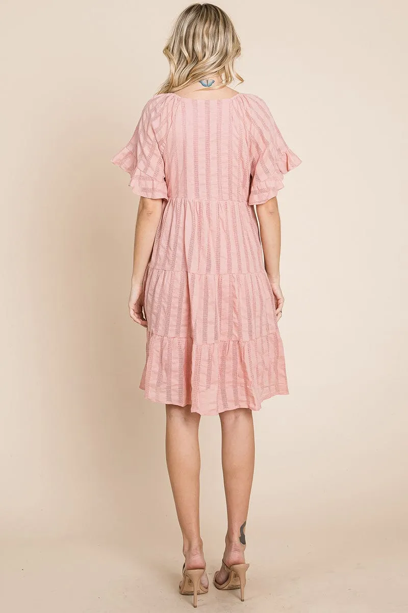 Stripe Textured Tiered Flutter Sleeve Cotton Dress