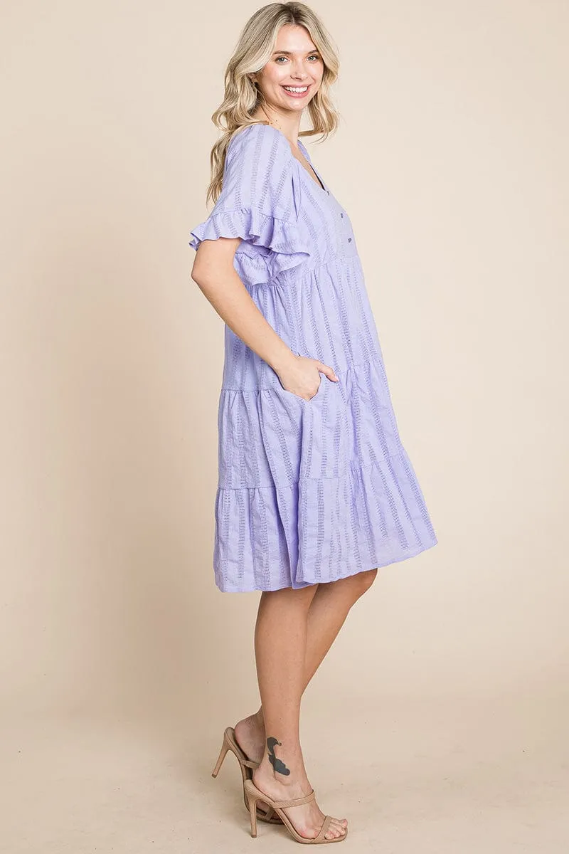 Stripe Textured Tiered Flutter Sleeve Cotton Dress