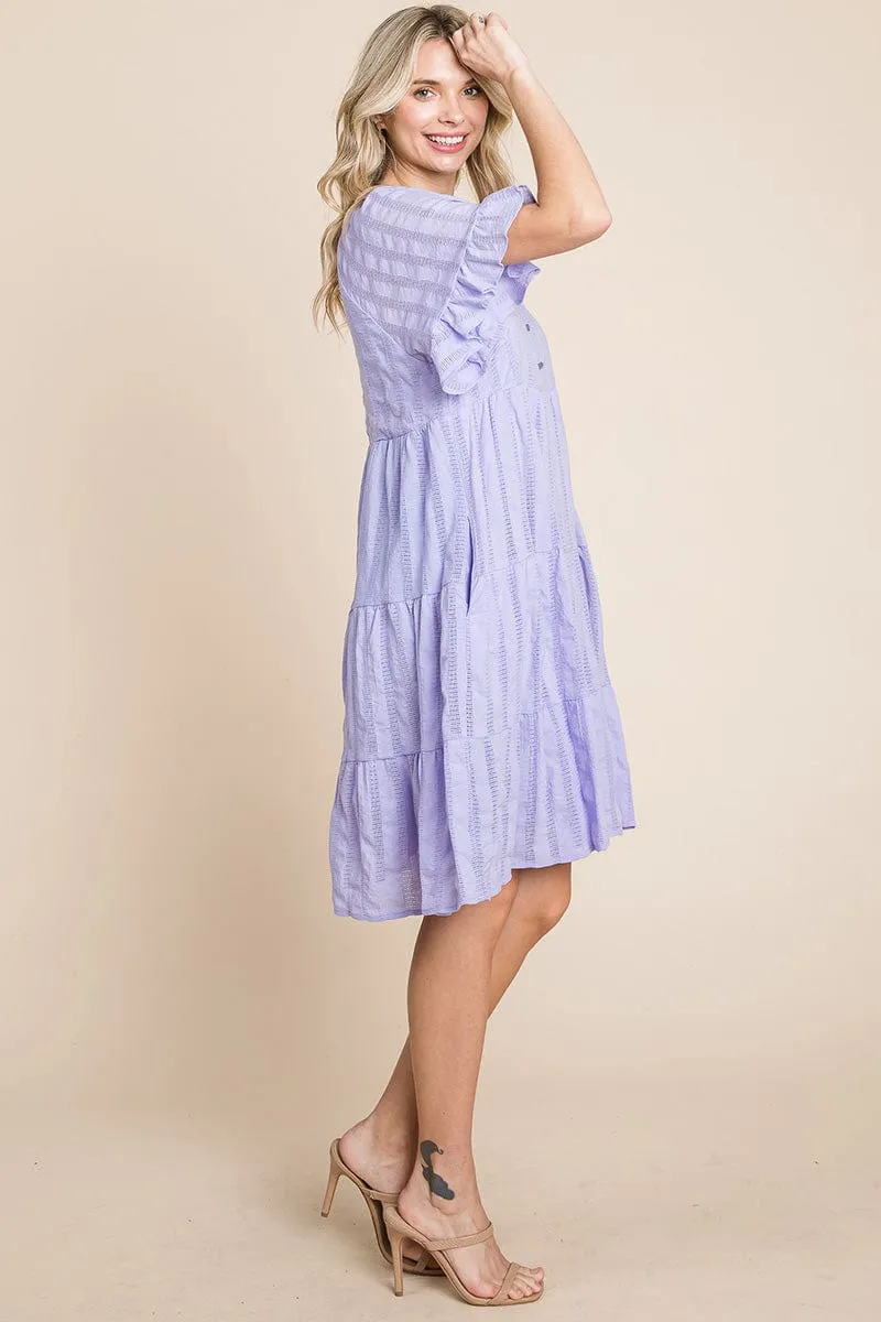 Stripe Textured Tiered Flutter Sleeve Cotton Dress